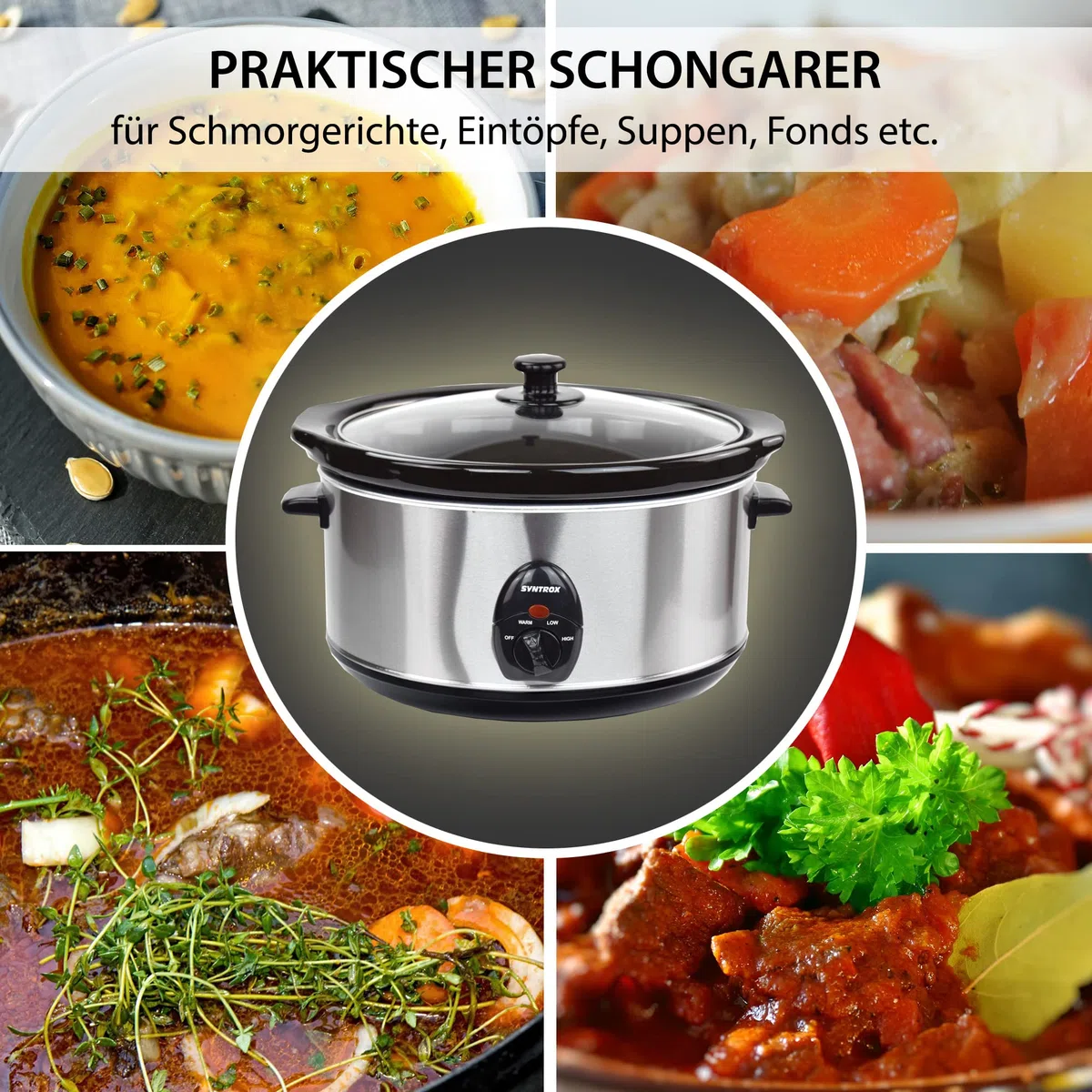 Syntrox Germany Slow Chef SC-450M_Deli Cooker Schongarer 4,5 Liter mit Warmhaltefunktion, Glasdeckel und robuster Keramikschüssel 280 Watt, Edelstahl