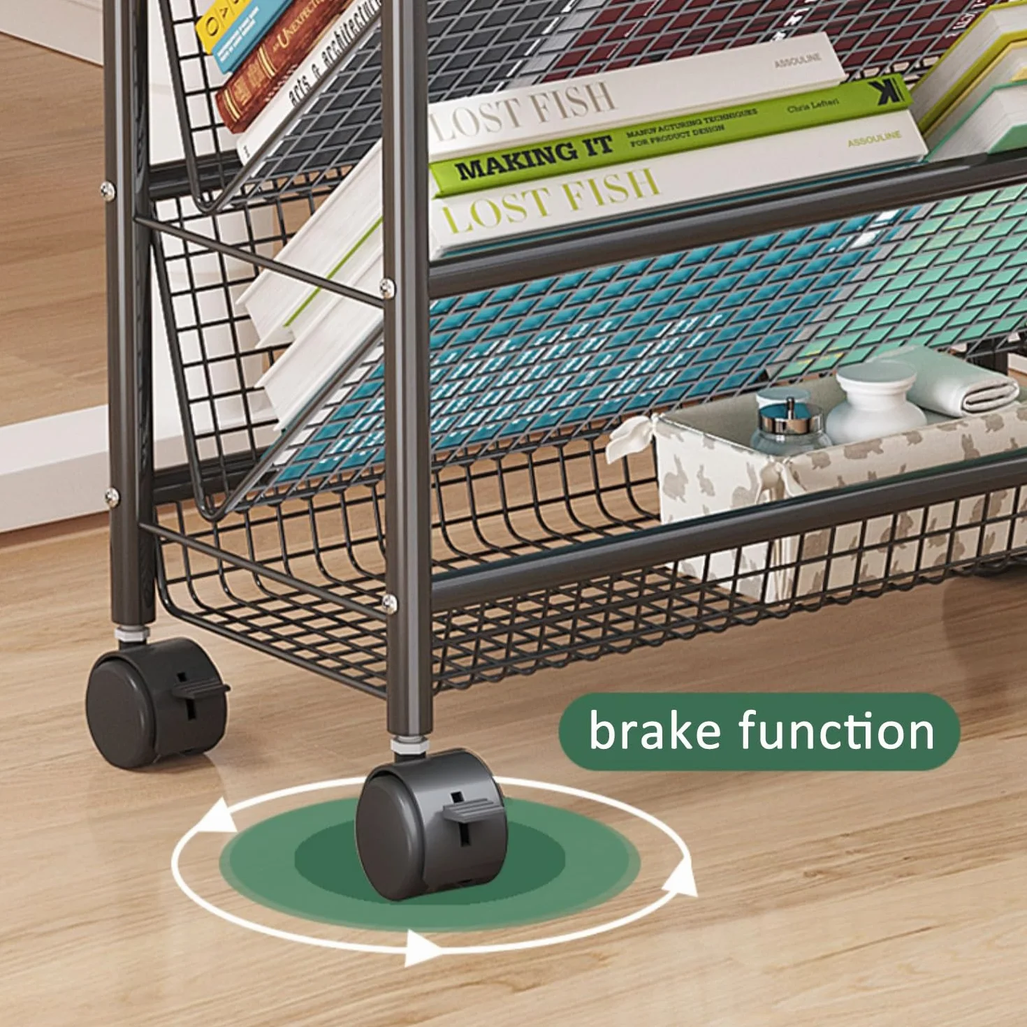 Rollbarer Bücherwagen, mobiles Bücherregal mit Rollen, kompaktes Design, Organizer, Trolley, bodenstehend, Metall-Bücherregale/Eck-Ausstellungsregal, Zeitschriftenständer für engen Raum (Farbe: Weiß,