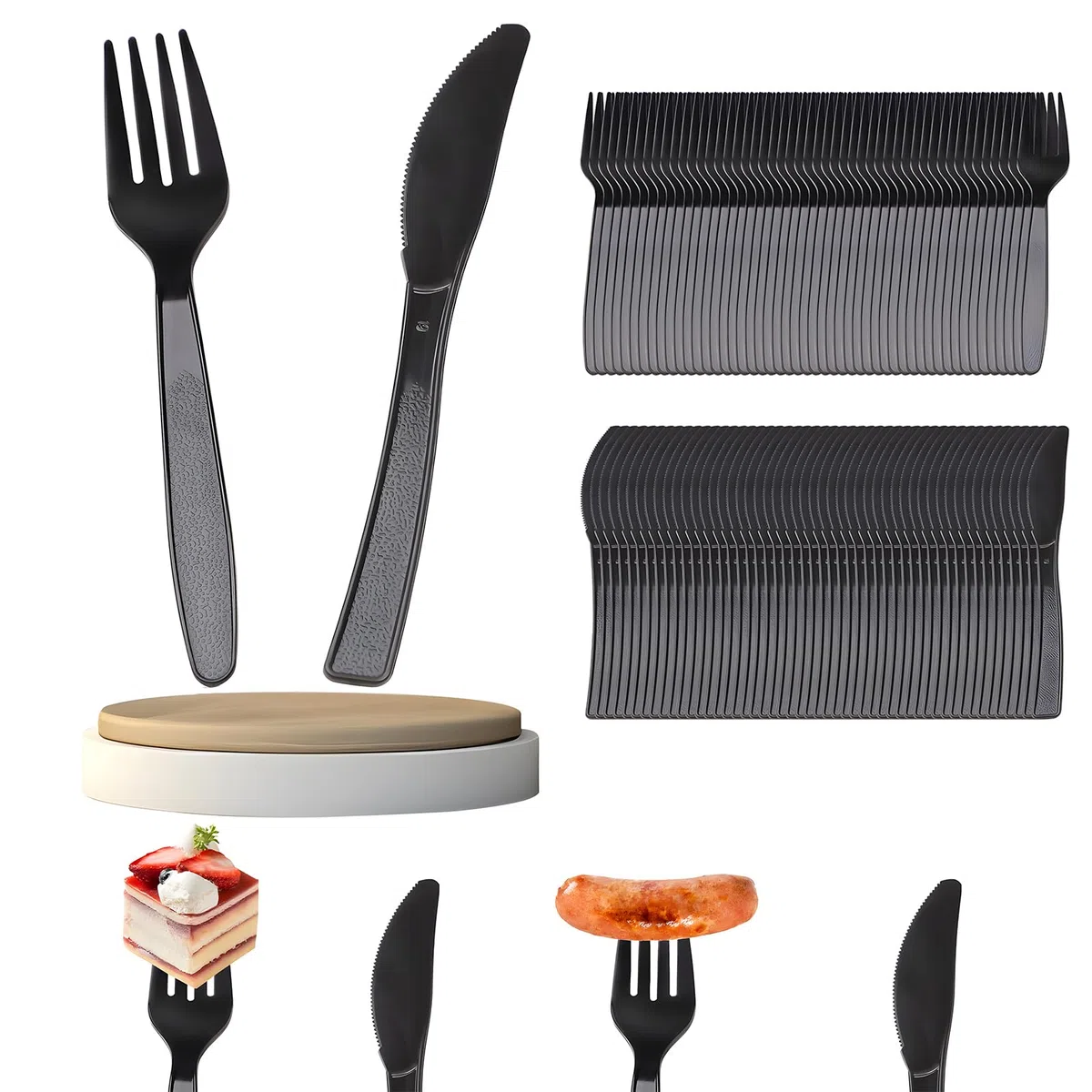 100 Stück Plastikbesteck, Plastik Besteck, Plastikbesteck Schwarz, Wiederverwendbar Set für Pizza, Dessert, 50 Plastikmesser & 50 Gabeln Plastikbesteck für Familienfeiern Outdoor Dinner, schwarz