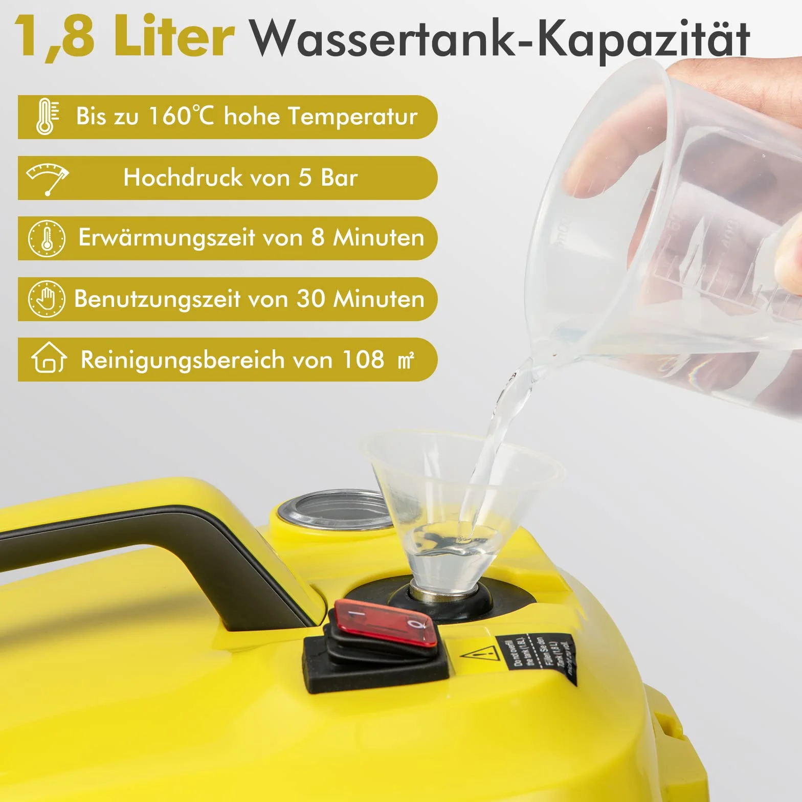 COSTWAY Dampfreiniger 2000W, Dampfdruck: max. 5 bar, Temperatur bis zu 160℃, Flächenleistung: 108 m², 1,8L Tank, Aufheizzeit: 8 Min., Dampfgeräte inkl. 13 Zubehör & 5m lange Netzkabel (Gelb)