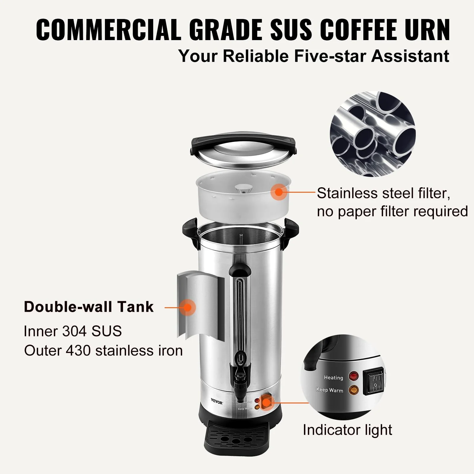 VEVOR Kommerzielle Heißgetränkespender Kaffee Heißwasserspender 110 Tassen, 1500 W Warmhaltebehälter Heißwasserspender 16,4 L Warmhaltebehälter Säfteimer für Büro, Partys, Café, Picknicks usw.