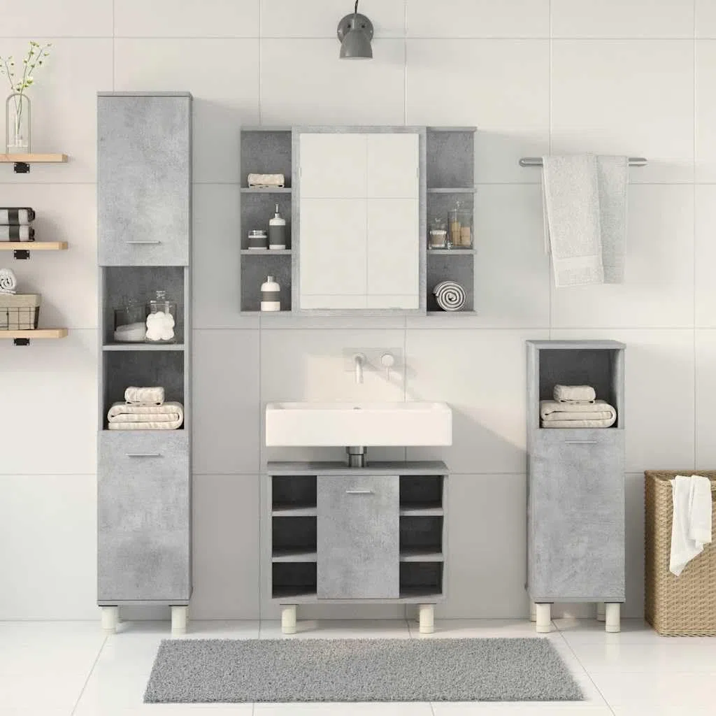 4-TLG. Badmöbel-Set Betongrau Holzwerkstoff Betongrau, Badezimmerschrank, Unterschrank Bad, Unterschrank