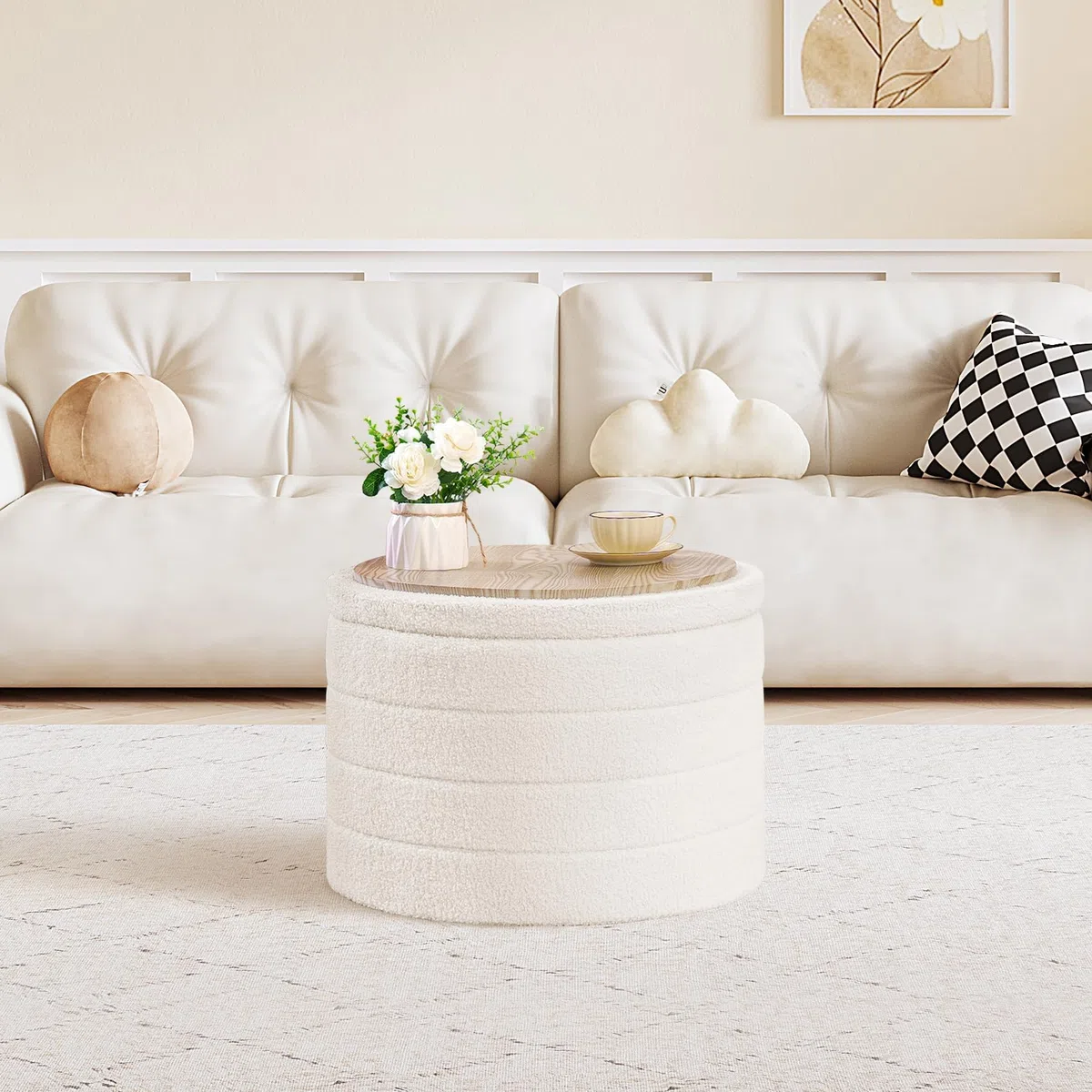 PINPLUS Hocker mit Stauraum Rund Sitzhocker mit Deckel, Faltbare Fußhocker Polsterhocker Couchtisch Ø56x40 cm für Wohnzimmer, Schlafzimmer & Flur, Cremeweiß
