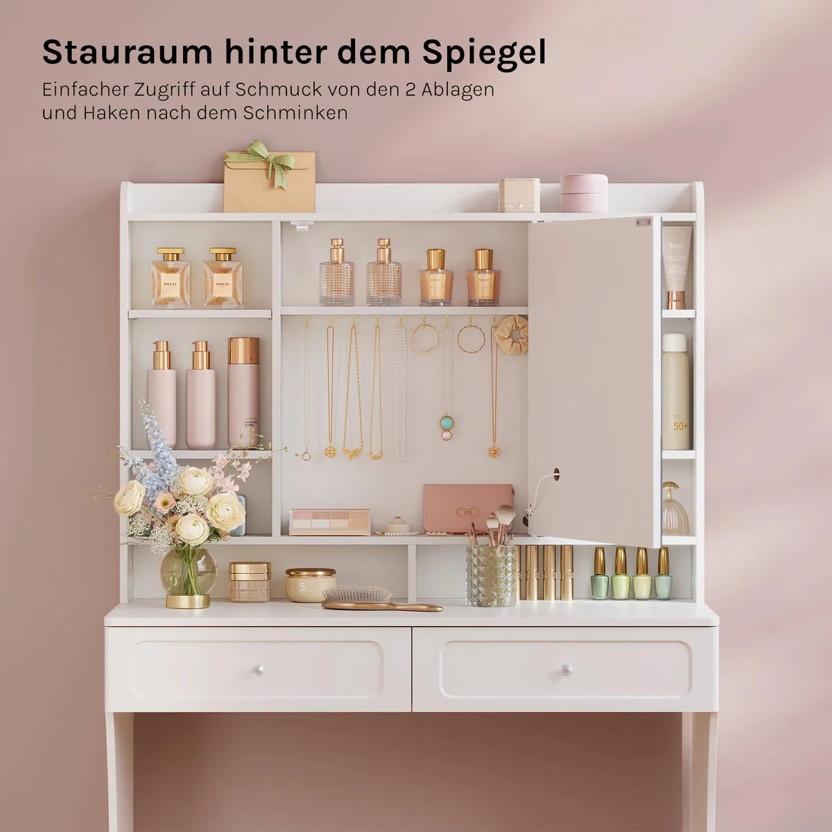 WOLTU Schminktisch mit Spiegel und Beleuchtung, 3 Lichtfarben, Frisiertisch mit offenen Ablagen & 2 Schubladen & 10 Haken hinter dem Spiegel, modern für Schlafzimmer, Weiß
