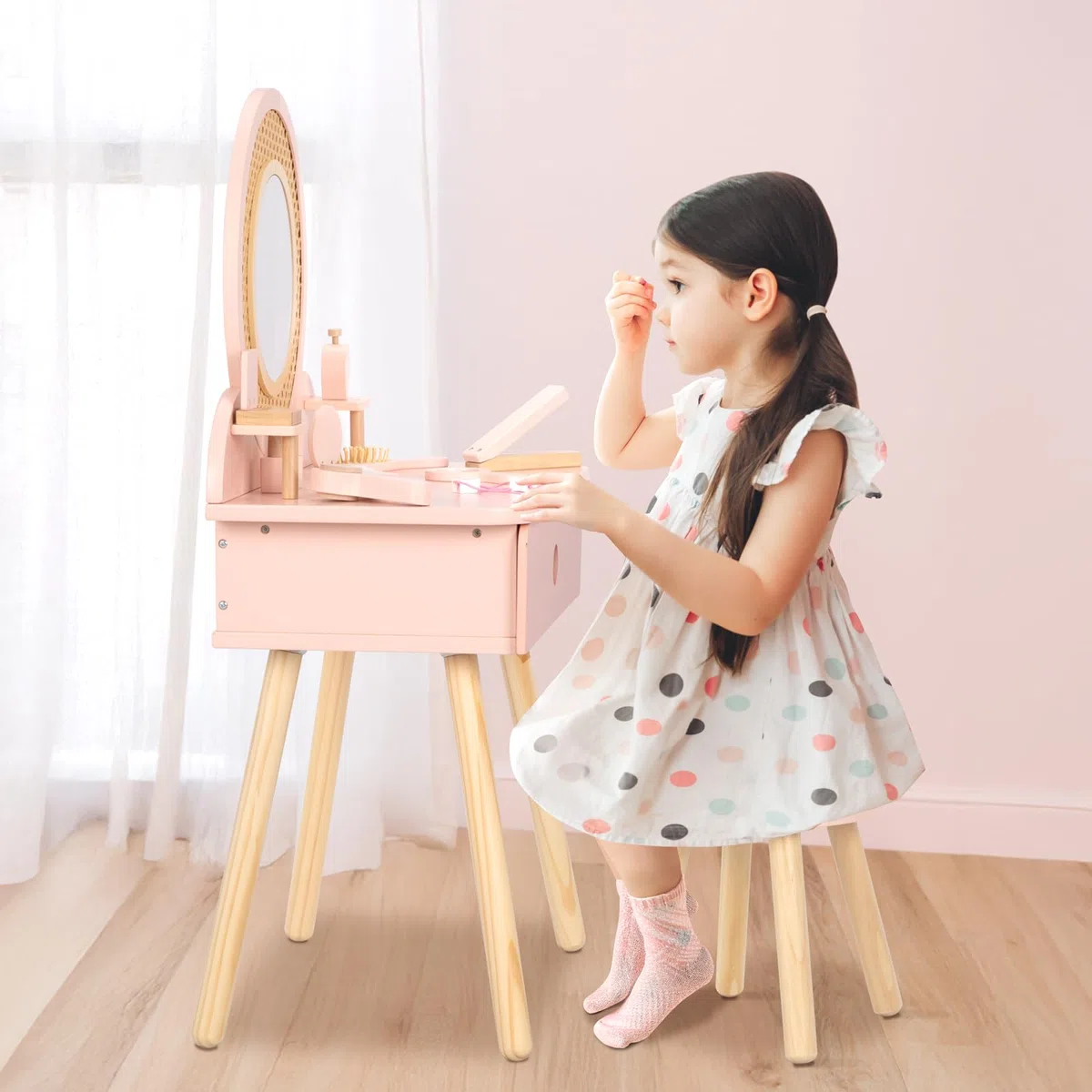 OOOK Schminktisch Kinder, Kinderschminktisch mit Hocker und Spiegel, Mädchen Frisiertisch aus Holz, Kinder Schminktisch für Mädchen ab 3 Jahre, Rosa