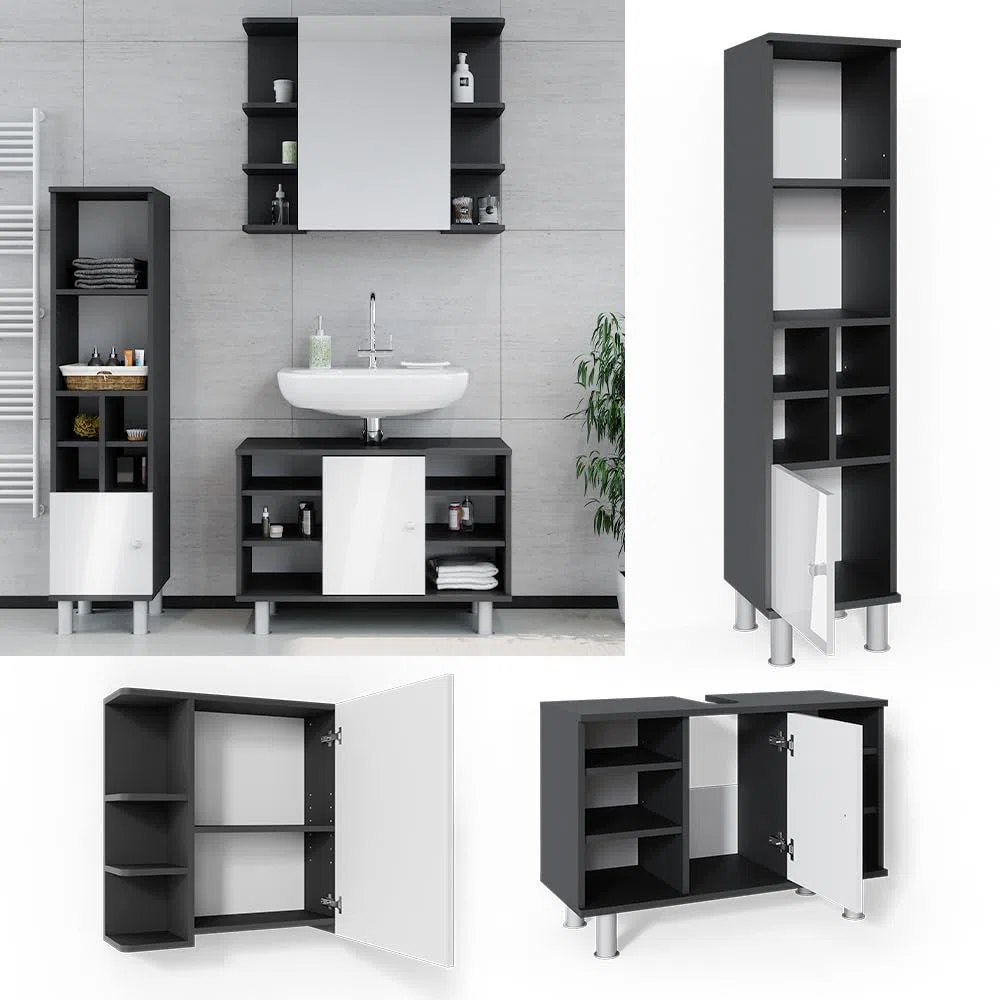 Vicco Badmöbel-Set Fynn, Anthrazit, 60 cm, besteht aus Waschbeckenunterschrank, Spiegelschrank und Hochschrank