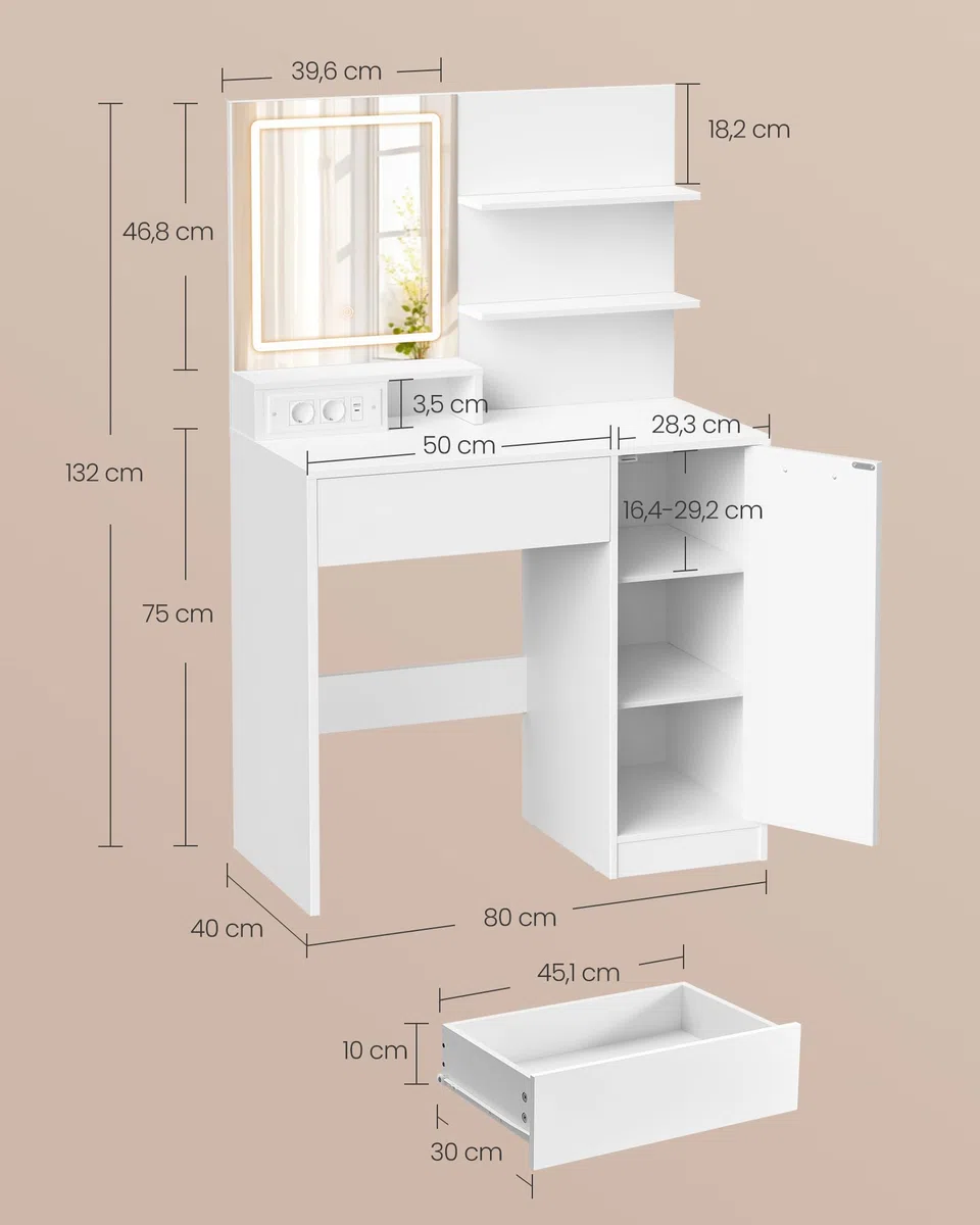 VASAGLE Kailyn Kollektion - Schminktisch, Frisiertisch mit LED-Spiegel und Steckdosenleiste, Kosmetiktisch, Schublade und offene Ablagen, Schrank mit 2 verstellbaren Ablagen, weiß RDT138W01