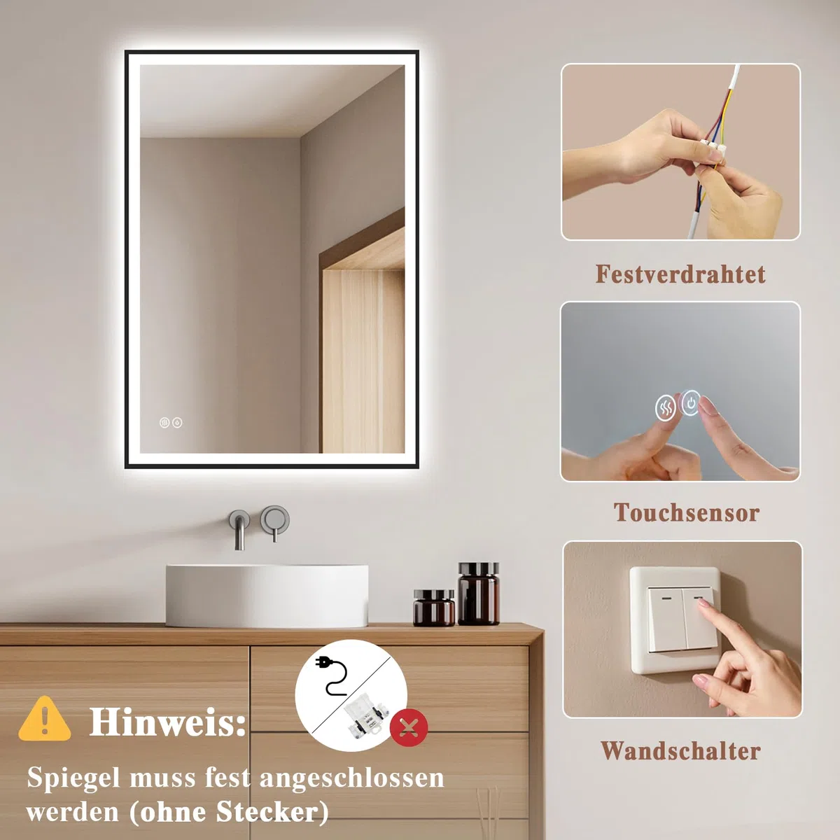 Badspiegel-mit-Beleuchtung 40x60 - Badezimmerspiegel LED Badezimmer Spiegel mit Beleuchtung - Beschlagfrei, Dimmbar, 3 Lichtfarben, Wandspiegel Led-Spiegel-Bad Schwarz Metallrahmen Horizontal/Vertikal