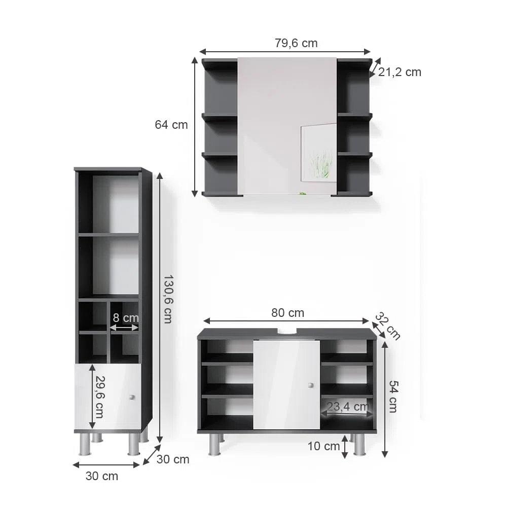 Vicco Badmöbel-Set Fynn, Anthrazit, 60 cm, besteht aus Waschbeckenunterschrank, Spiegelschrank und Hochschrank