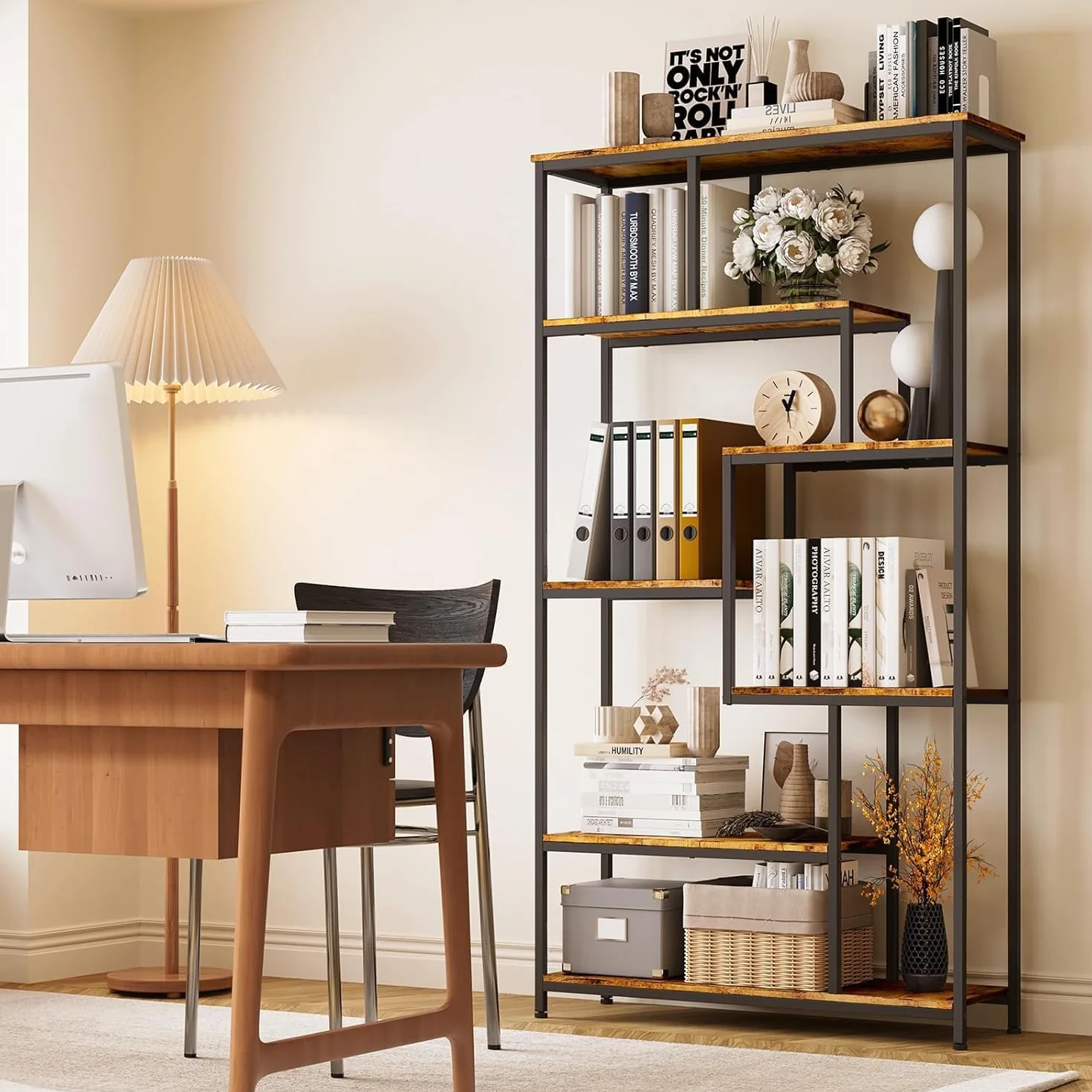 Bealife Bücherregal, 5-stöckiges Versetztes Bücherregal. Offenes Freistehendes Regal für Wohnzimmer, Industriedesign, 98 x 30 x 180 cm, Büro, Arbeitszimmer, Retro