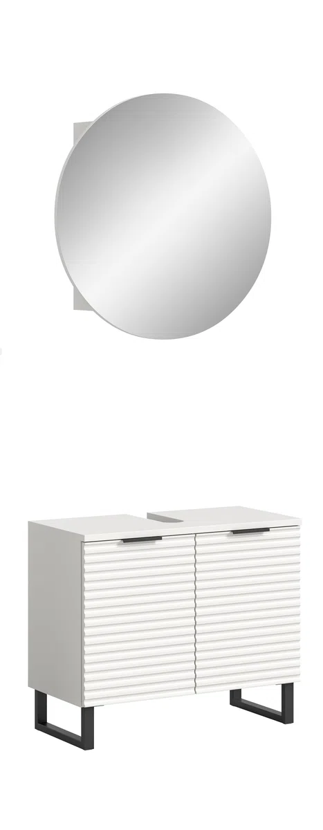 xonox.home Badezimmer Riff 2tlg. Kombination Badmöbel Set kleine Bäder Komplettprogramm Bademöbel-Set in weiß Waschbeckenunterschrank Spiegelschrank rund