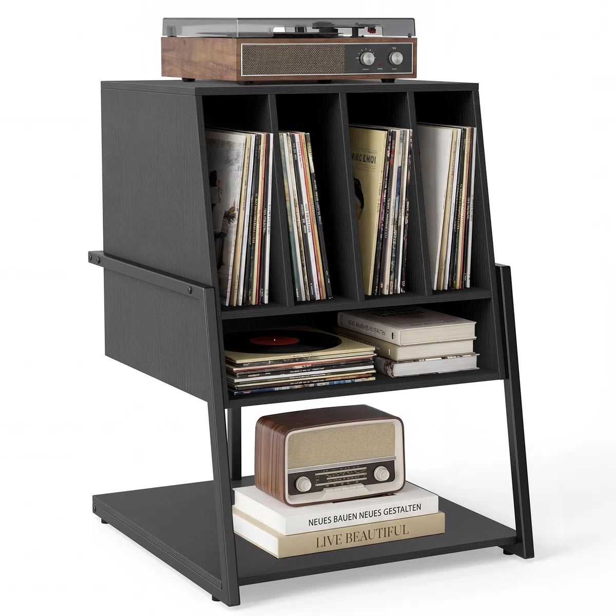 COSTWAY Plattenspielerständer, Vinyl Schallplattentisch mit breite Tischplatte, 4 Trennwänden & unteres Regal, Schallplattenständer Holz für Arbeitszimmer und Musikzimmer, 54 x 57 x 76,5 cm