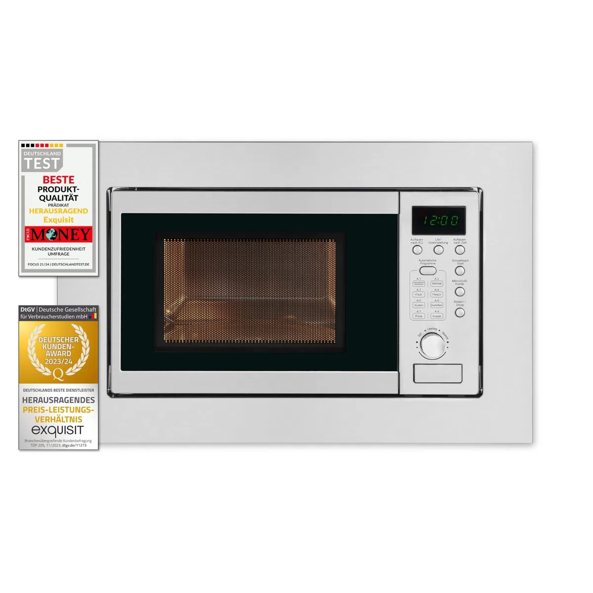 Exquisit Einbaumikrowelle mit Grill, 20 L, 800 W, Inoxlook | Nischenmaß 56 x 36,2 cm - 8 Autokochprogramme - 1000 W Grill - Timer - 5 Leistungsstufen - Drehteller 24,5 cm