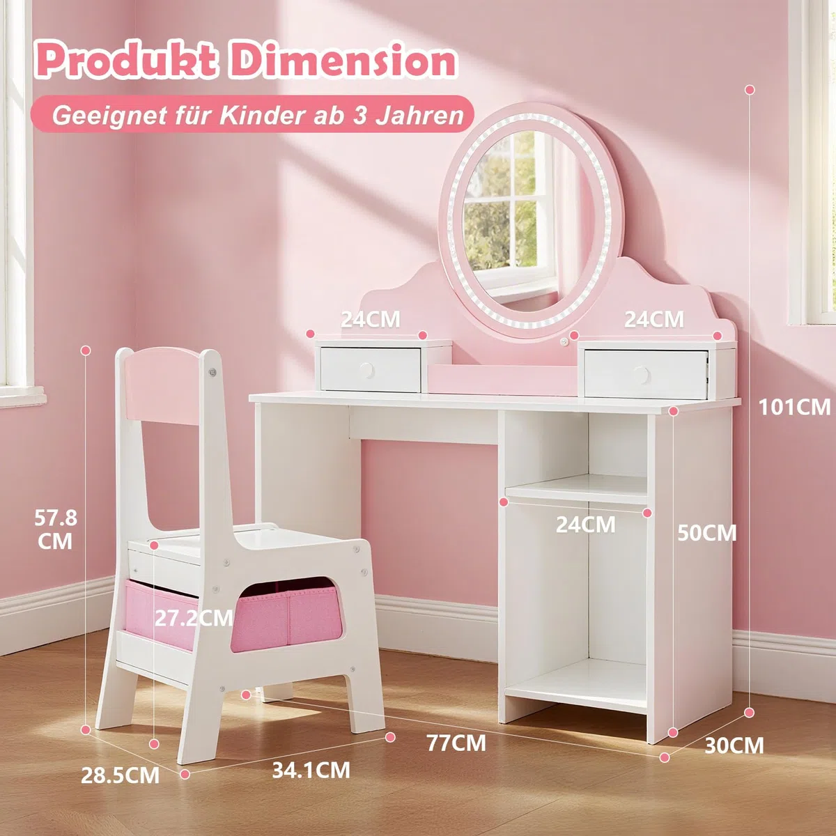 JOYLDIAS 2 in 1 Schminktisch Kinder mit Hocker und LED-Spiegel, Prinzessin Frisiertisch Schreibtisch mit Schublade, Regal und Körbchen, Kinder Schminktisch für mädchen ab 3 Jahre, Rosa