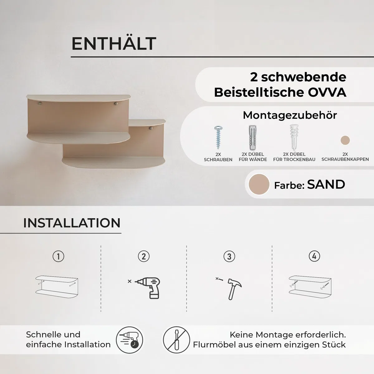 MILUKA Schwebender Nachttisch Hängend 2er Set (2 Stück) aus Metall Beige Sand | 40 x 20 cm, mit 2 Ebenen | Ohne Montage, Wandregal Modern & Konsolentisch