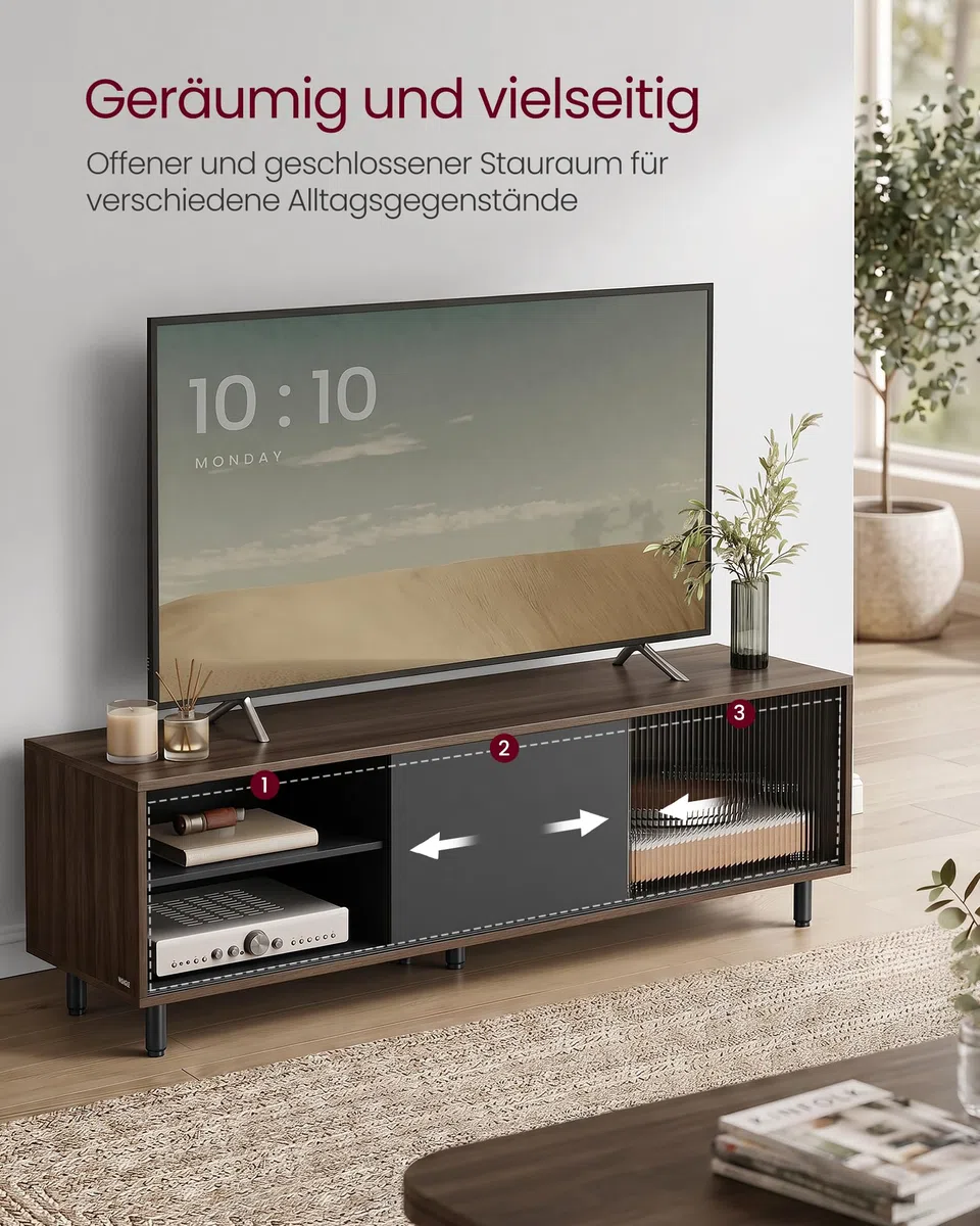 VASAGLE TV-Schrank Lowboard, Snapsemble – superschnelle Montage, Fernsehtisch für Fernseher bis 32/45/50/55/60 Zoll, Modernes Design, Wohnzimmer, Riffelglas, 140 x 39 x 45 cm, Schwarz LTV466K02