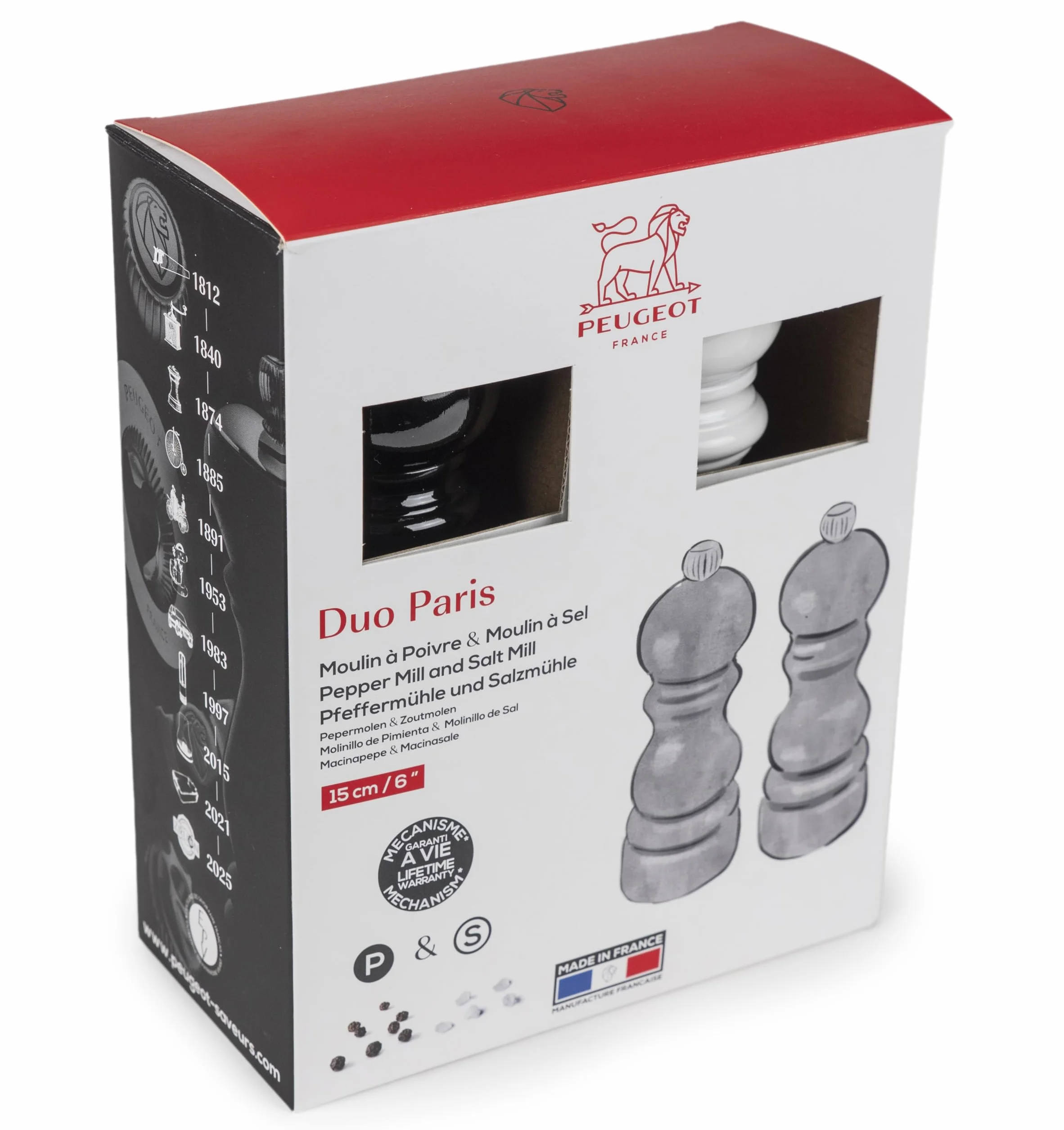 PEUGEOT – Duo Paris – Pfeffermühle + Salzmühle 15 cm – Klassische Einstellung – Aufbereitetes Holz mit PEFC-Zertifizierung – Farbe: schwarz & weiß lackiert, Natur