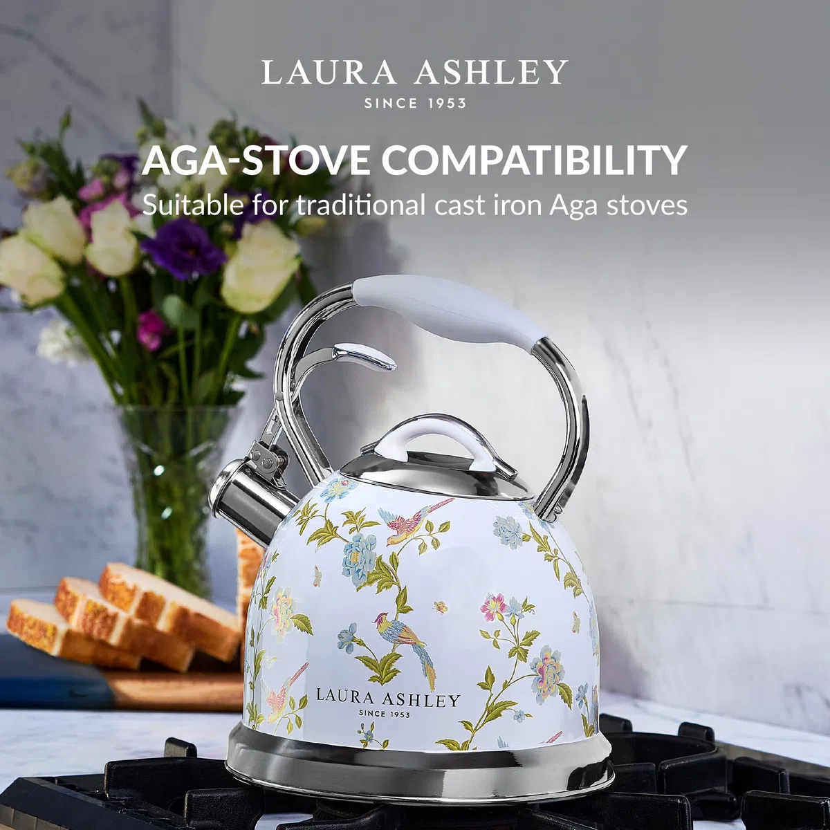 Laura Ashley Elveden White 3 Litern Wasserkessel Induktion von VQ – Wasserkessel Camping mit Pfeifton für Gasherd, Induktions kochfeld oder andere Kochfelder mit Druckknopf Mechanismus