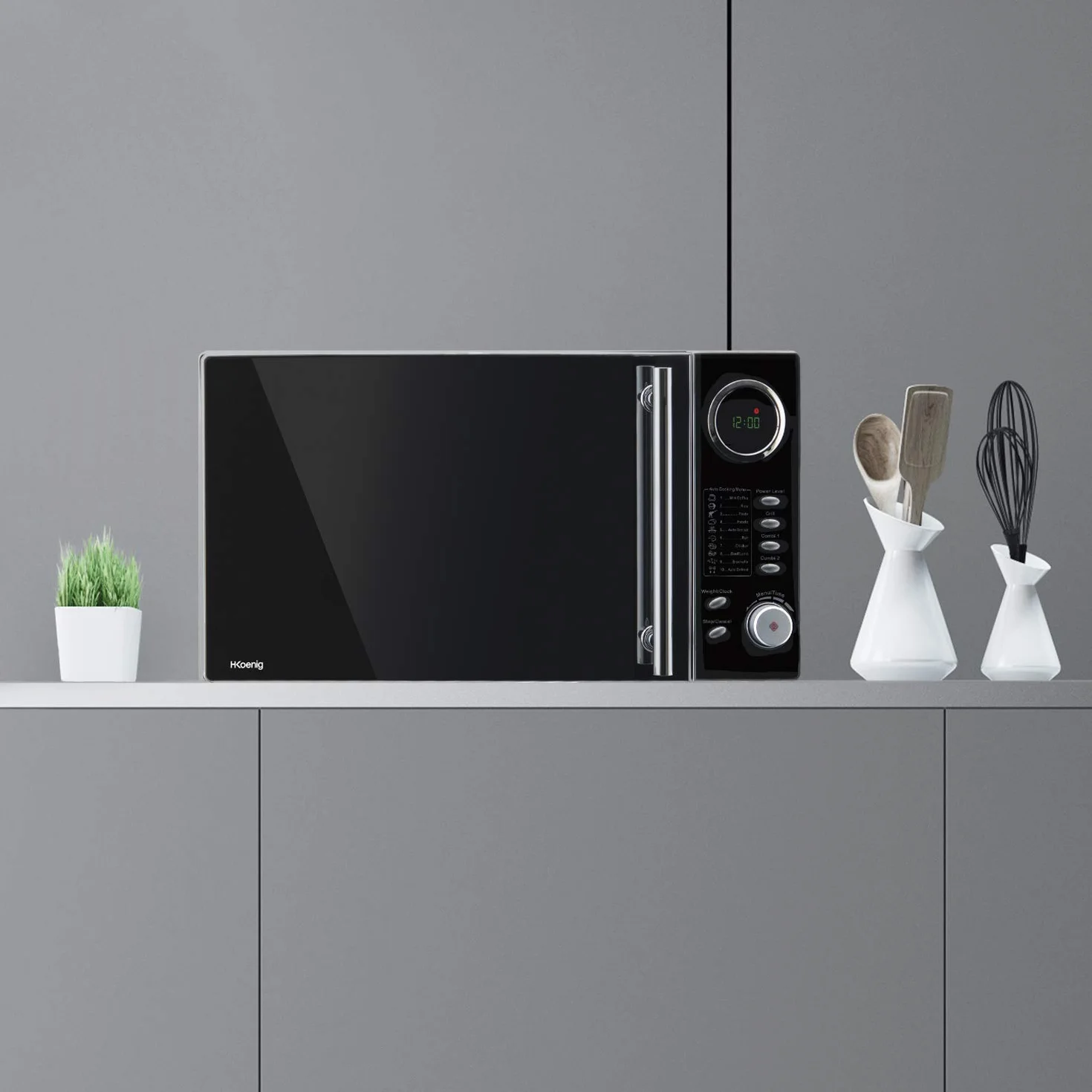 H.Koenig Mikrowellenofen Grill 2 in 1 VIO9, 25L, Drehteller 27cm, 10 Kochstufen bis 1000W, Auftauen, Kombigaren, LCD-Bildschirm