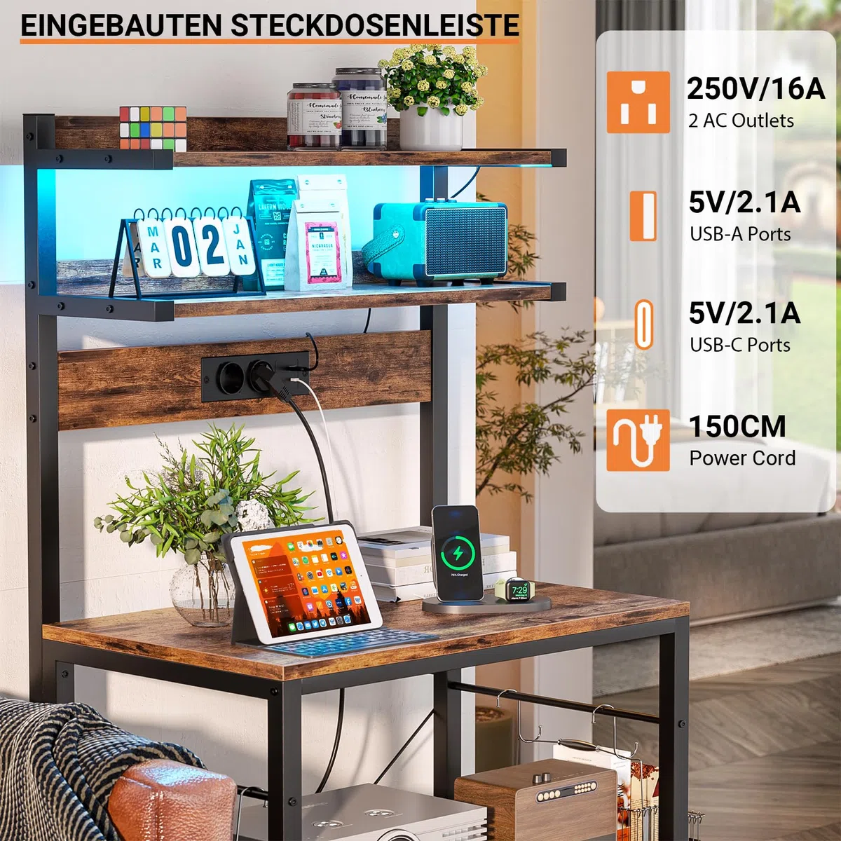 iSunirm Bäckerregal mit Steckdose, Mikrowellenständer, 5-stufige Kaffeebarstation mit LED-Leuchten, Küchenregal mit 6 S-förmigen Haken, Küchenregal für Gewürze, Töpfe und Pfannen, Rustikales Braun