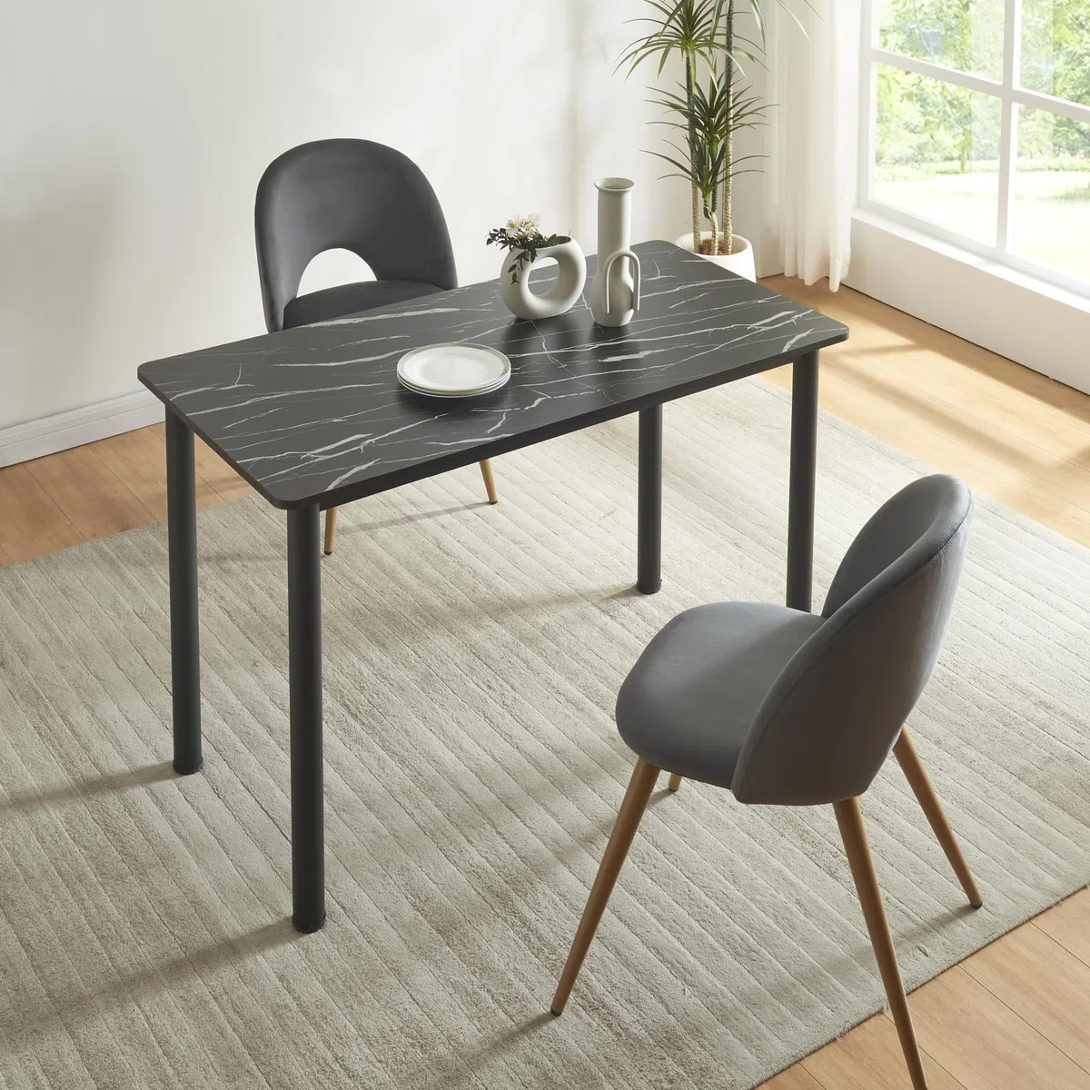 [en.casa] Esstisch Tammela Küchentisch für 4 Personen 120 x 60 cm Esszimmertisch rechteckige Tischplatte Stahlbeine Marmoroptik, schwarz