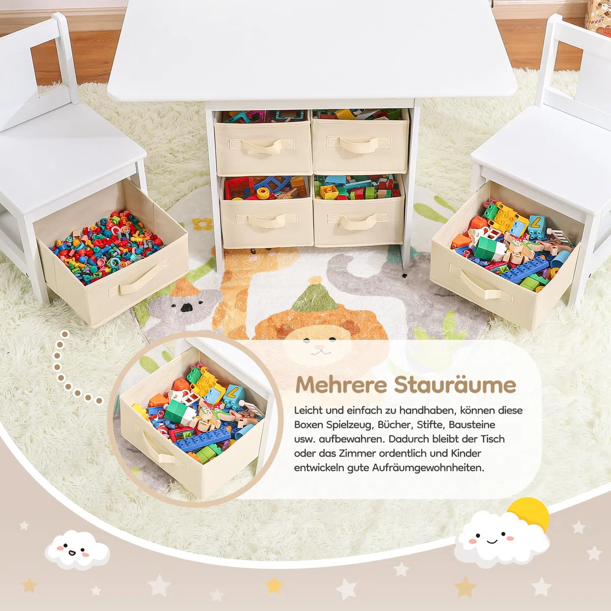 Yorbay Kindertisch mit 2 Stühlen Holz: 3 teilige Kindersitzgruppe mit Stauraum - Multifunktionaler Kinder Tisch Stuhl Set Sitzgruppe für ab 3 Jahre - Maltisch Spieltisch für Kinderzimmer