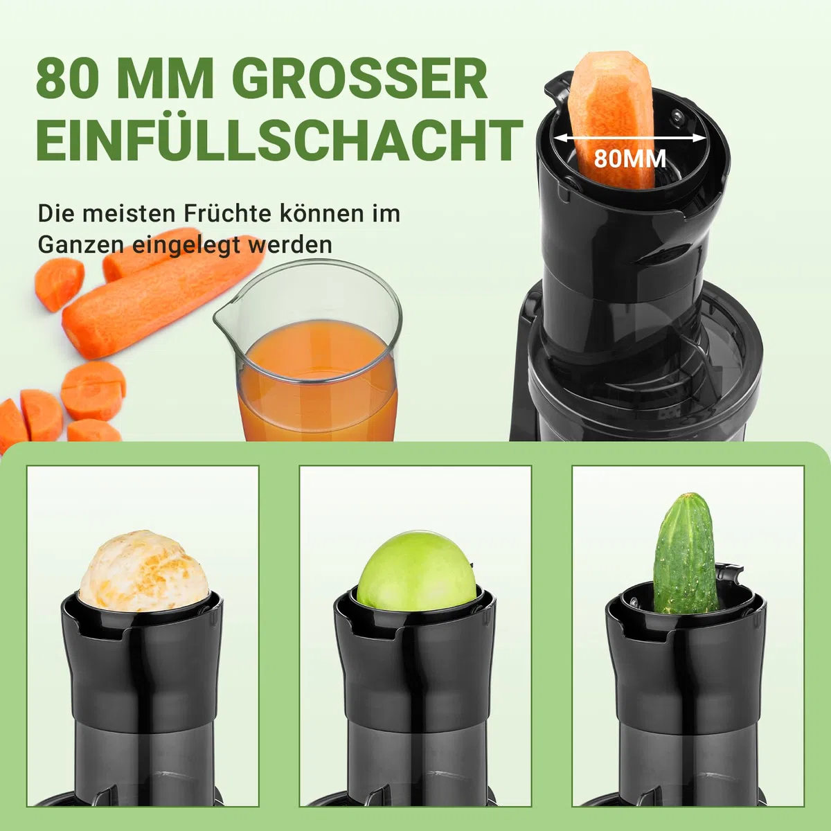 AMZCHEF Ganzfrucht Entsafter - 80MM große Öffnung Slow Juicer - Entsafter Gemüse und Obst Testsieger mit Verbesserter Schnecke, Doppelschicht Filter, Retro Kippschalter, Leiser Motor - Schwarz