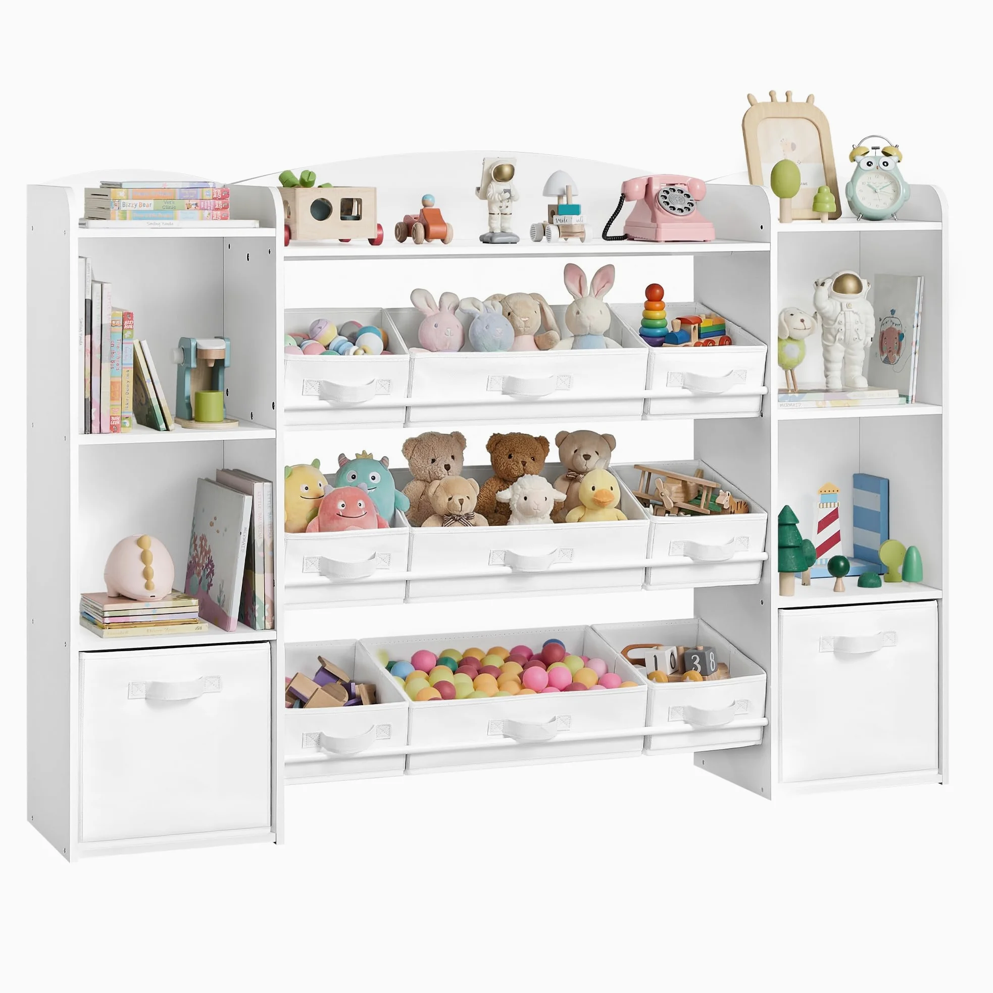 SONGMICS Kinderregal, Spielzeug Aufbewahrung, Spielzeugregal, Montessori Regal, 4 offene Fächer, 9 mittlere und 2 seitliche Boxen, für Kinderzimmer, 30 x 143,8 x 104 cm, wolkenweiß GKR062WB01