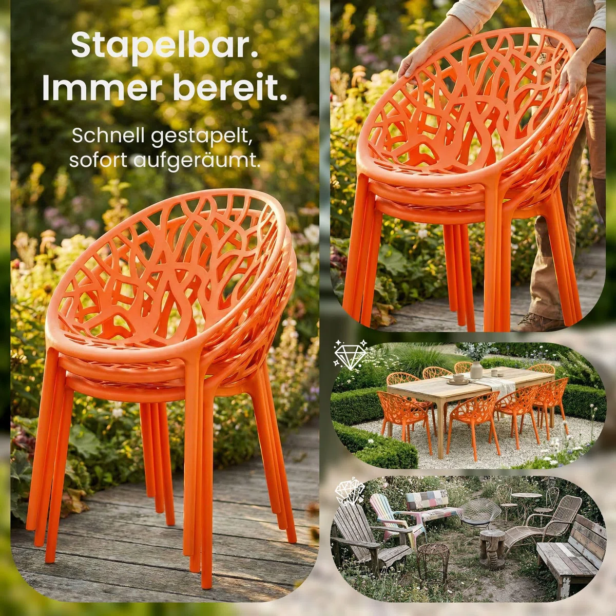 CLP Gartenstuhl stapelbar wetterfest Hope, Gartensessel mit Lehne UV-beständig, Outdoorstuhl aus Kunststoff bis 150 kg belastbar Farbe orange