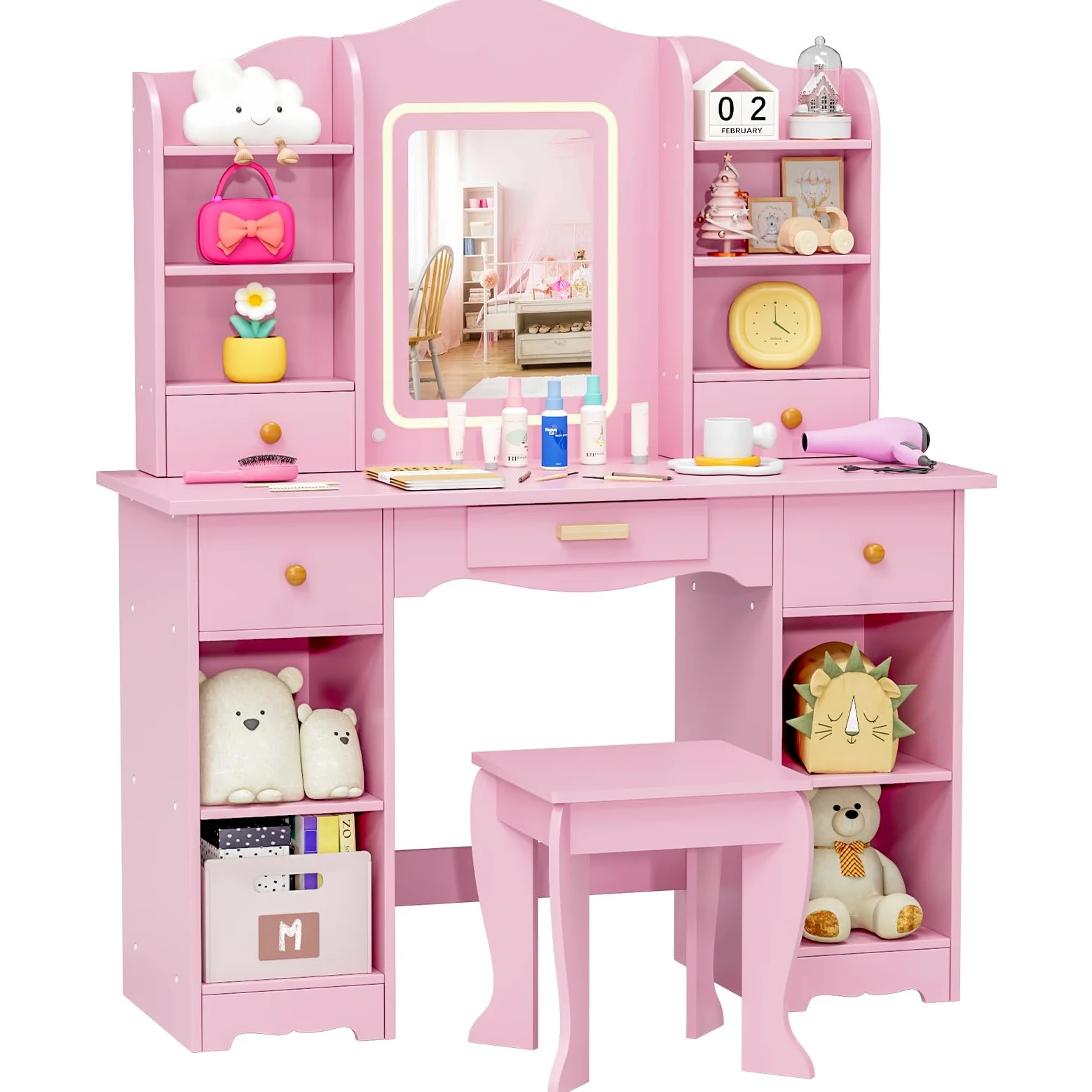 MAMIZO Schminktisch Kinder mit LED Beleuchtung, Kinderschminktisch mit Spiegel, Schreibtisch mit Hocker, 5 Schubladen und 10 Fächer, Prinzessin Frisiertisch, Schminktisch Mädchen ab 3, Rosa