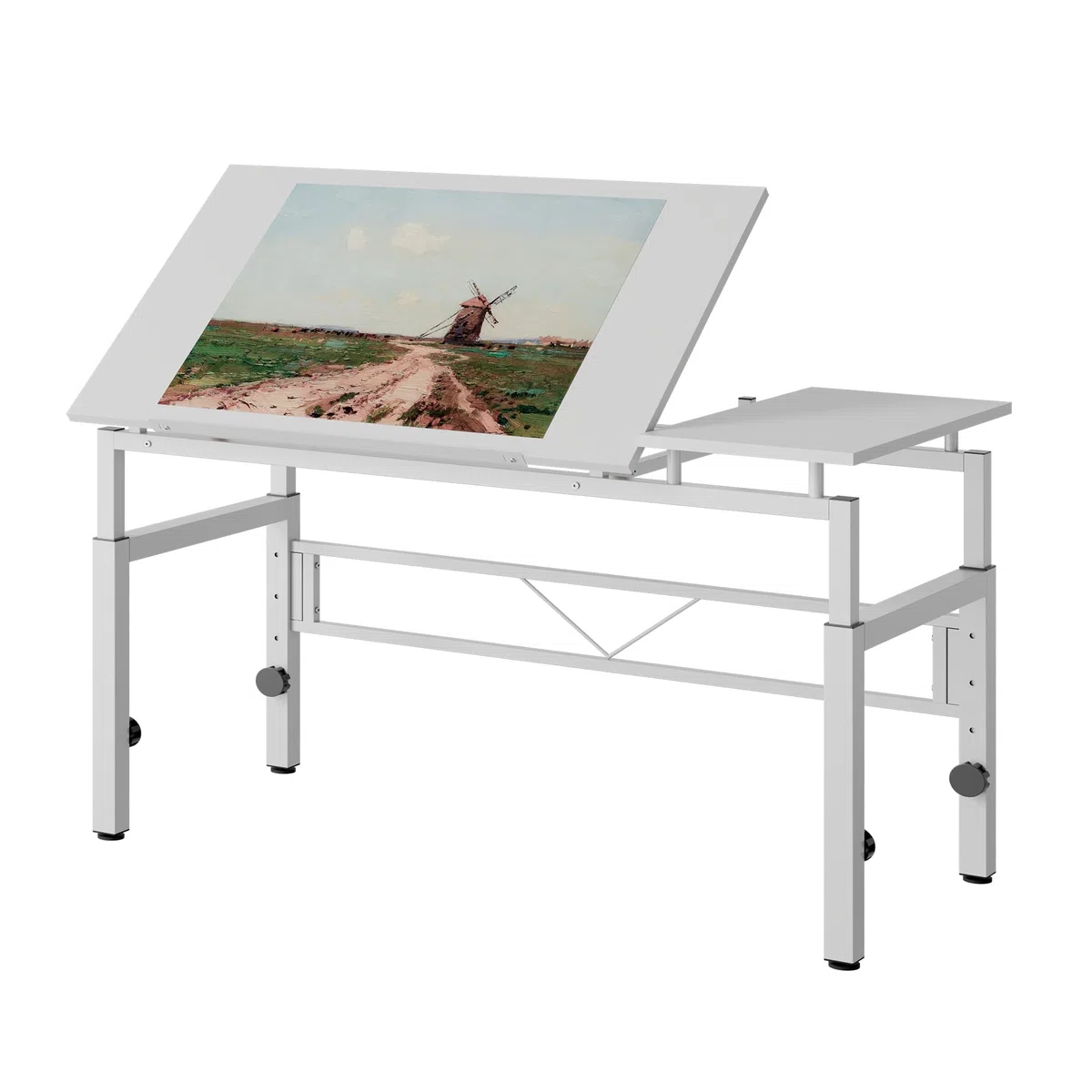 Zeichentisch mit 4 Nivellierfüßen, Schreibtisch mit Verstellbarer Tischplatte(0-60 Grad), Architektentisch, Schülerschreibtisch für Techniker, Architekten, 120x60x77-100cm, Weiß