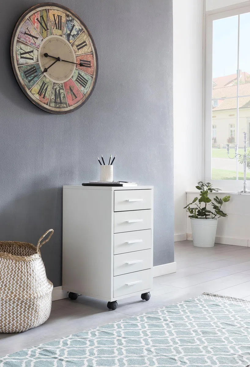 FineBuy Rollcontainer Weiß 33 x 63 x 38 cm Holz Schubladenschrank Schreibtisch, Büro Schrank mit 5 Schubladen, Container Rollschrank klein Standcontainer schmal, Schreibtischcontainer mit Rollen