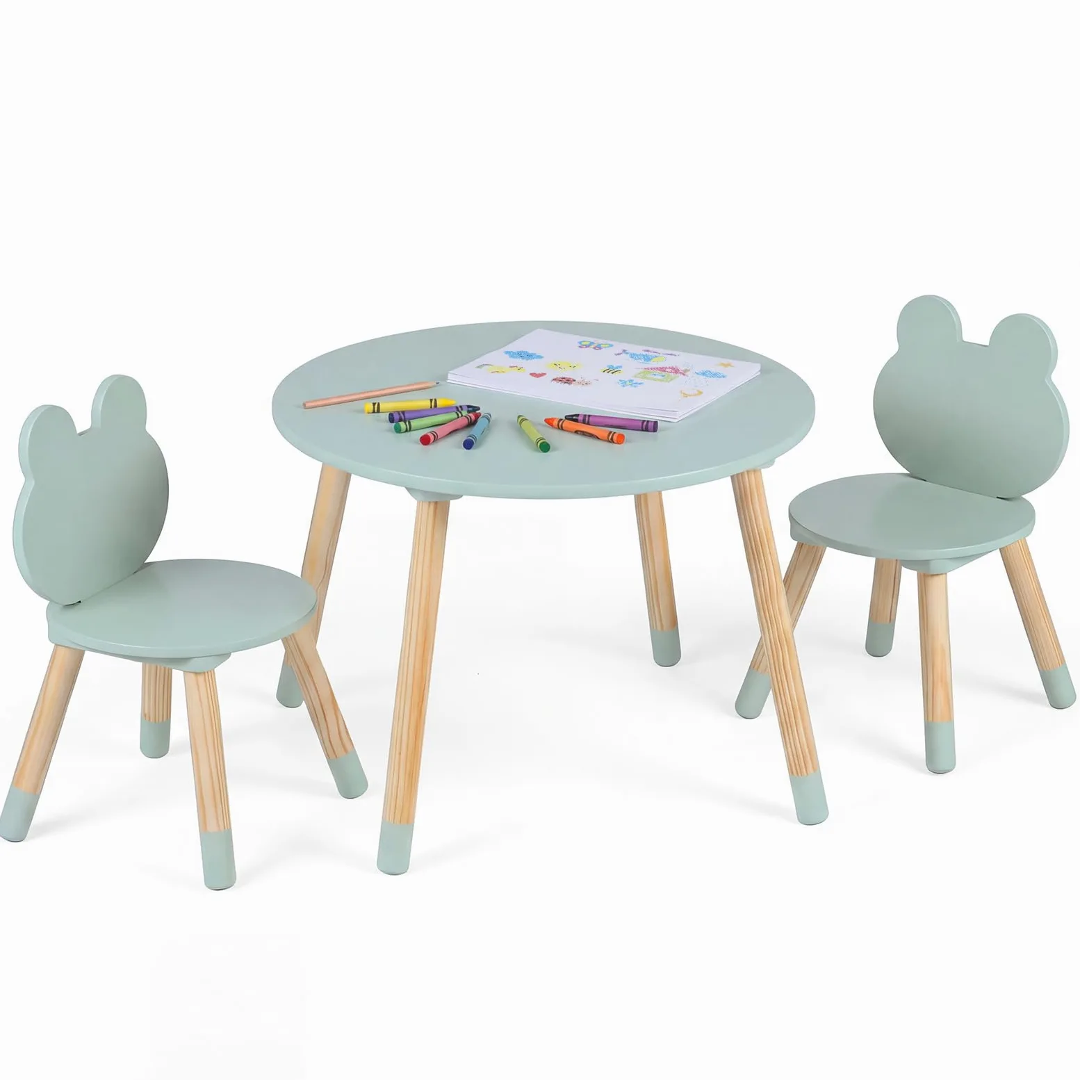 COSTWAY Kindertisch mit 2 Stühlen in Froschform, 3 teilige Kindersitzgruppe mit Kiefernholzbeinen, Kinder Tisch Stuhl Set innen, runder Maltisch für Kinder ab 3 Jahren (Grün)