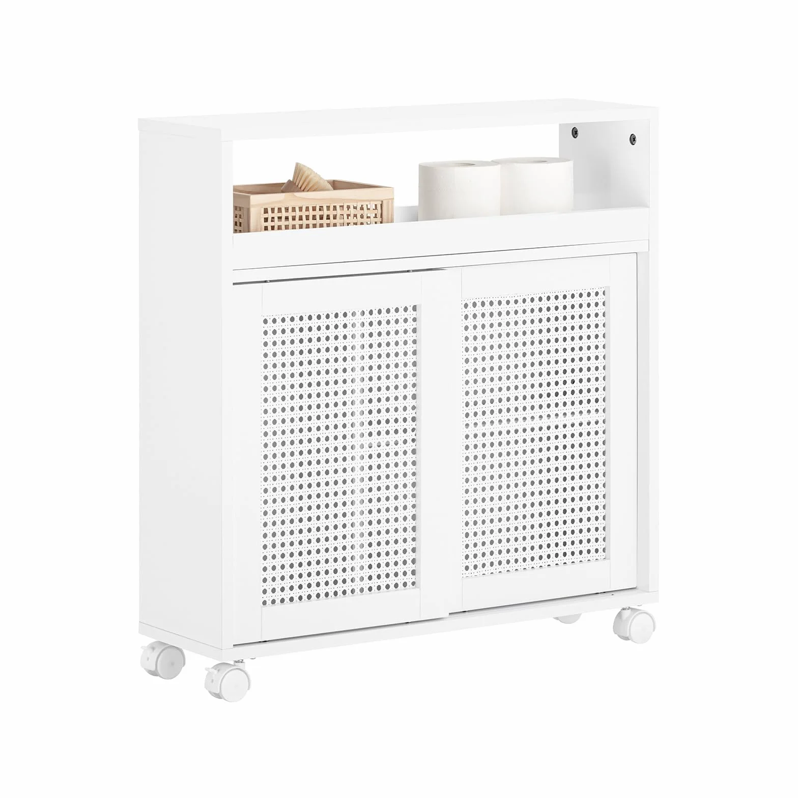 SoBuy schmaler Badezimmerschrank mit Rollen – Nischenschrank 20cm – Badschrank zur Aufbewahrung von Toilettenpapier – Badmöbel aus Holz mit höhenverstellbaren Einlegeböden, Weiß, 20x70x65cm, BZR119-W