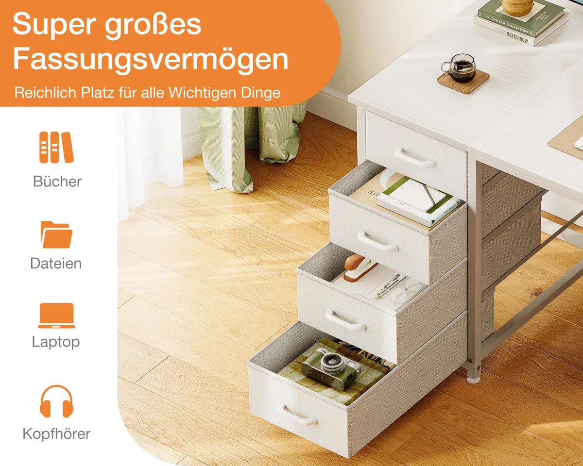 Coleshome Schreibtisch Mit 8 Stoff Schubladen, 120x48cm Schreibtisch Weiß Mit Stauraum Computertisch Vielseitg, Bürotisch PC Tisch Officetisch Für Büro, Wohnzimmer, Home Office