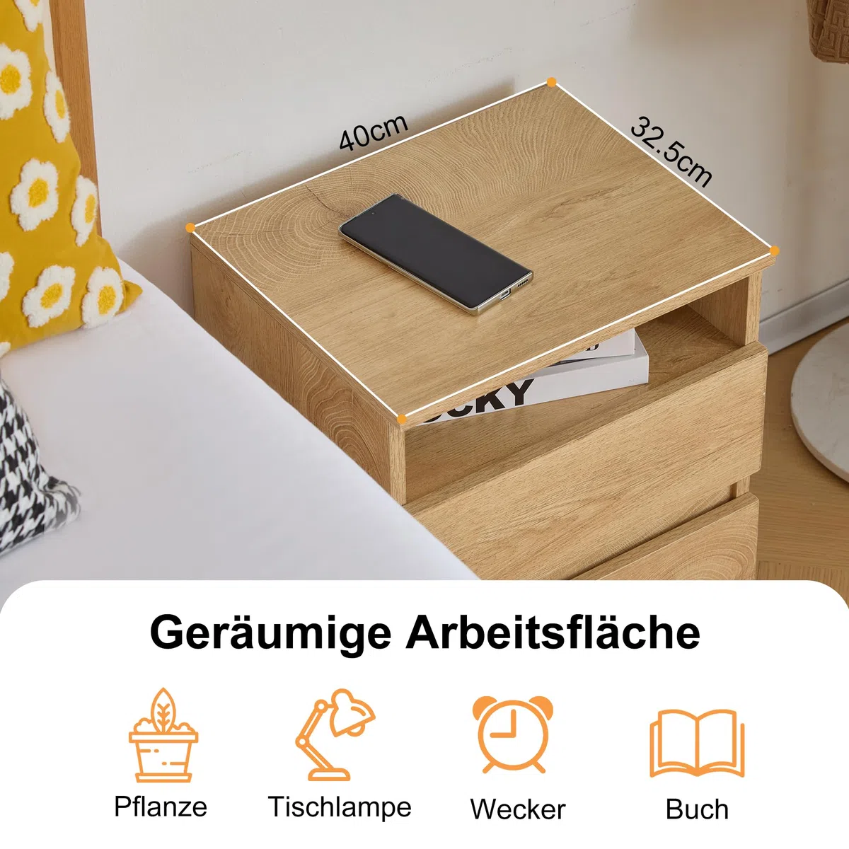 Mingone 2er-Set Nachttische mit 2 Schubladen,Nachtschrank aus Holz,Beistelltisch mit Stauraum Holzfarben für Wohnzimmer, Schlafzimmer