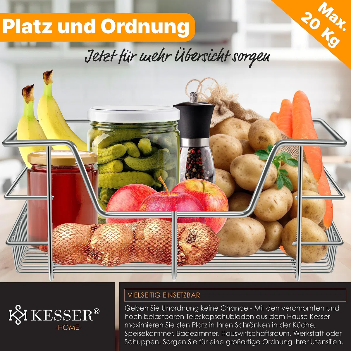 KESSER® Teleskopschublade 3er Set 60cm Schrankbreite verchromt aus Edelstahl Schubladeneinsatz für Küchenschrank Korbauszug Schrankauszug, Silber