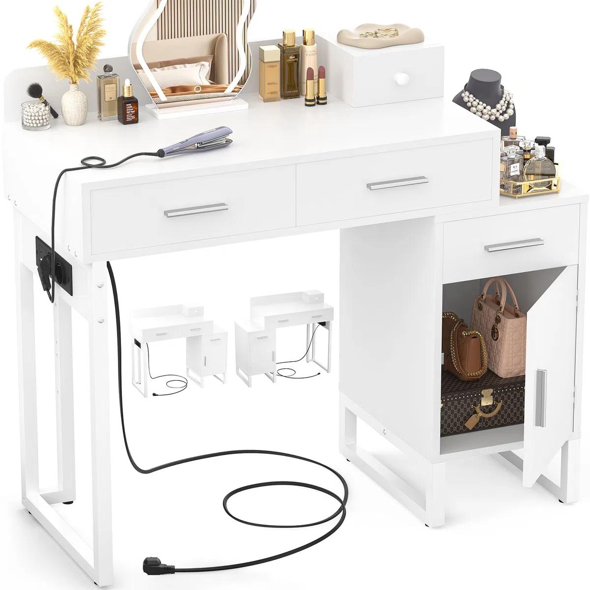 iSunirm Schminktisch ohne Spiegel, Kleiner Kosmetiktisch Weiß mit Steckdosen & 2 USB-Ports, Frisiertisch mit 4 Schubladen und reversiblem Seitenschrank, Vanity Desk/Schreibtisch für Schlafzimmer