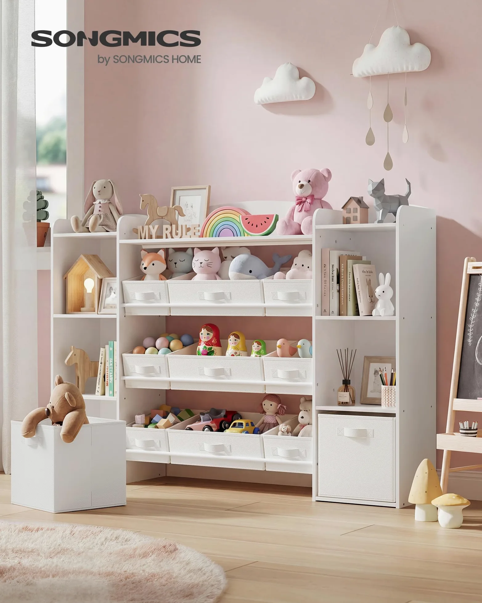 SONGMICS Kinderregal, Spielzeug Aufbewahrung, Spielzeugregal, Montessori Regal, 4 offene Fächer, 9 mittlere und 2 seitliche Boxen, für Kinderzimmer, 30 x 143,8 x 104 cm, wolkenweiß GKR062WB01