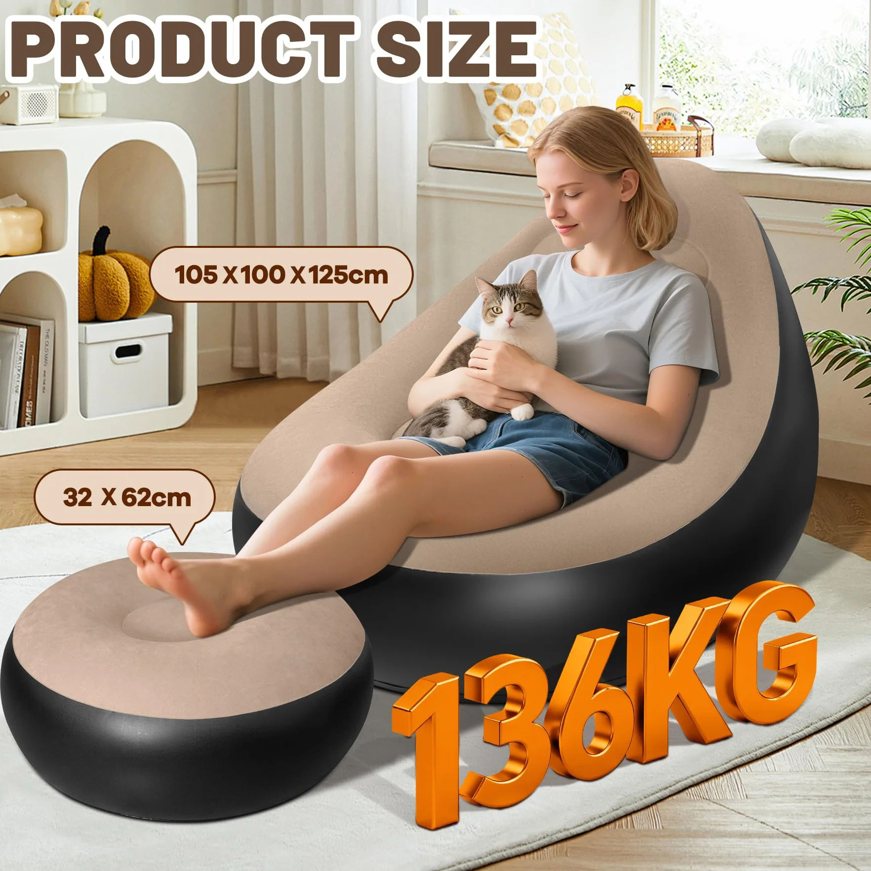 AearKing Aufblasbares Sofa mit Fußhocker, Aufblasbarer Sessel, Wasserdichtes Luftsofa Aufblasbares, Sessel, Sofa und Couch mit Beflockter Oberfläche für Wohnzimmer, Couch Aufblasbar Outdoor Camping