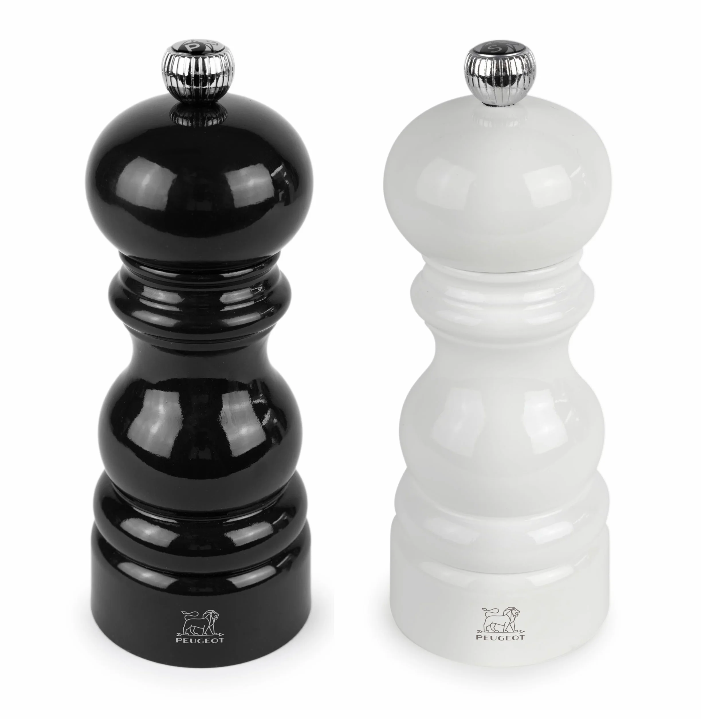 PEUGEOT – Duo Paris – Pfeffermühle + Salzmühle 15 cm – Klassische Einstellung – Aufbereitetes Holz mit PEFC-Zertifizierung – Farbe: schwarz & weiß lackiert, Natur