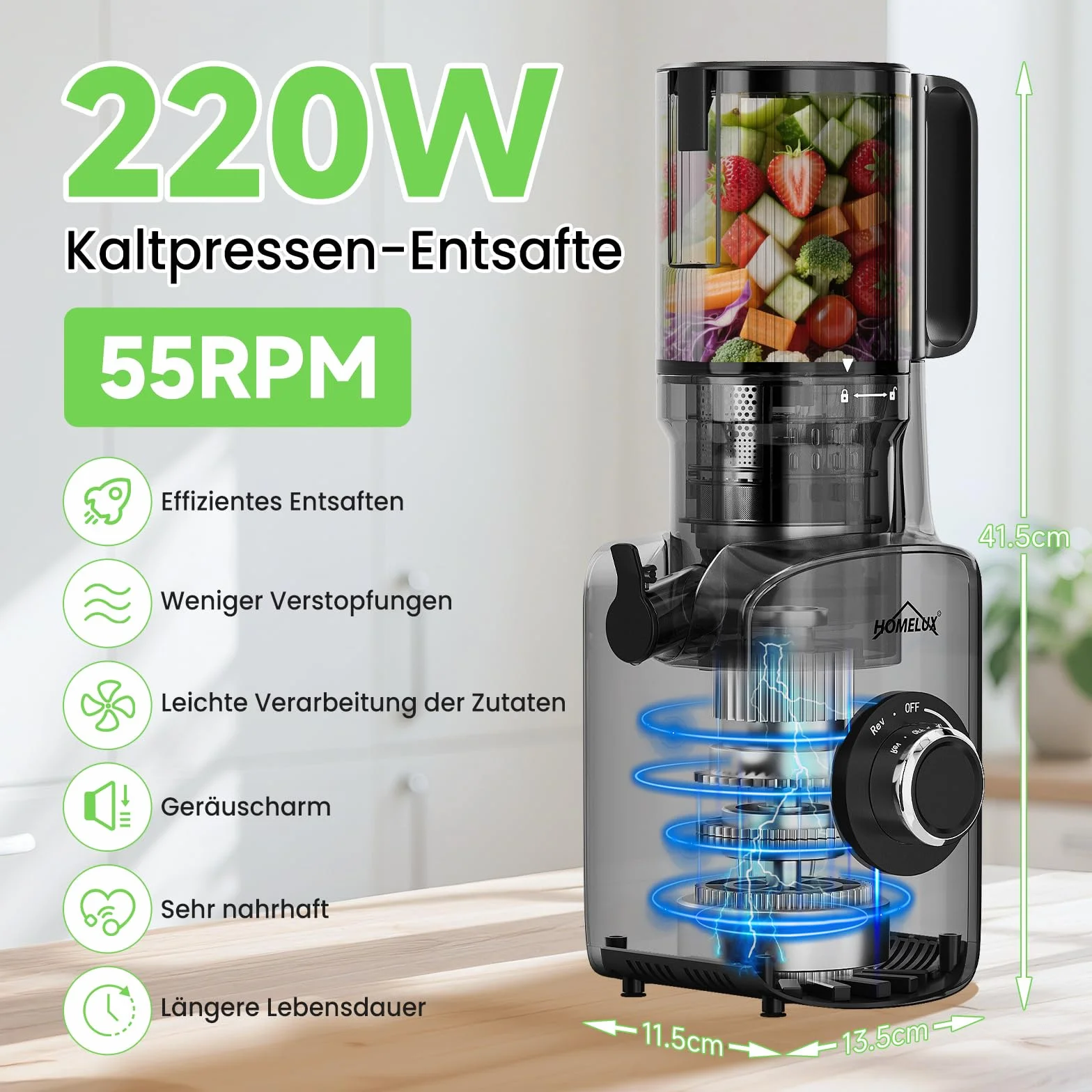 HOMELUX 220W Entsafter Slow Juicer mit 126 MM Breitem Einfüllschacht, Entsafter Gemüse und Obst Testsieger Saftpresse mit Dreifachem Filter, BPA-frei Einfache Reinigun, Silber
