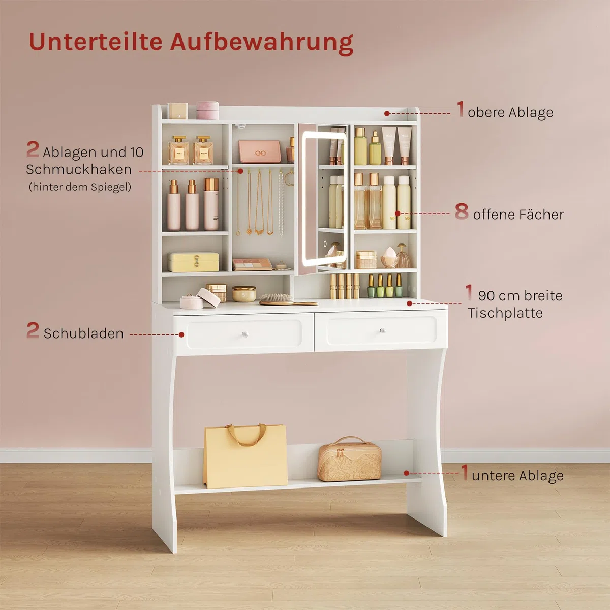 WOLTU Schminktisch mit Spiegel und Beleuchtung, 3 Lichtfarben, Frisiertisch mit offenen Ablagen & 2 Schubladen & 10 Haken hinter dem Spiegel, modern für Schlafzimmer, Weiß