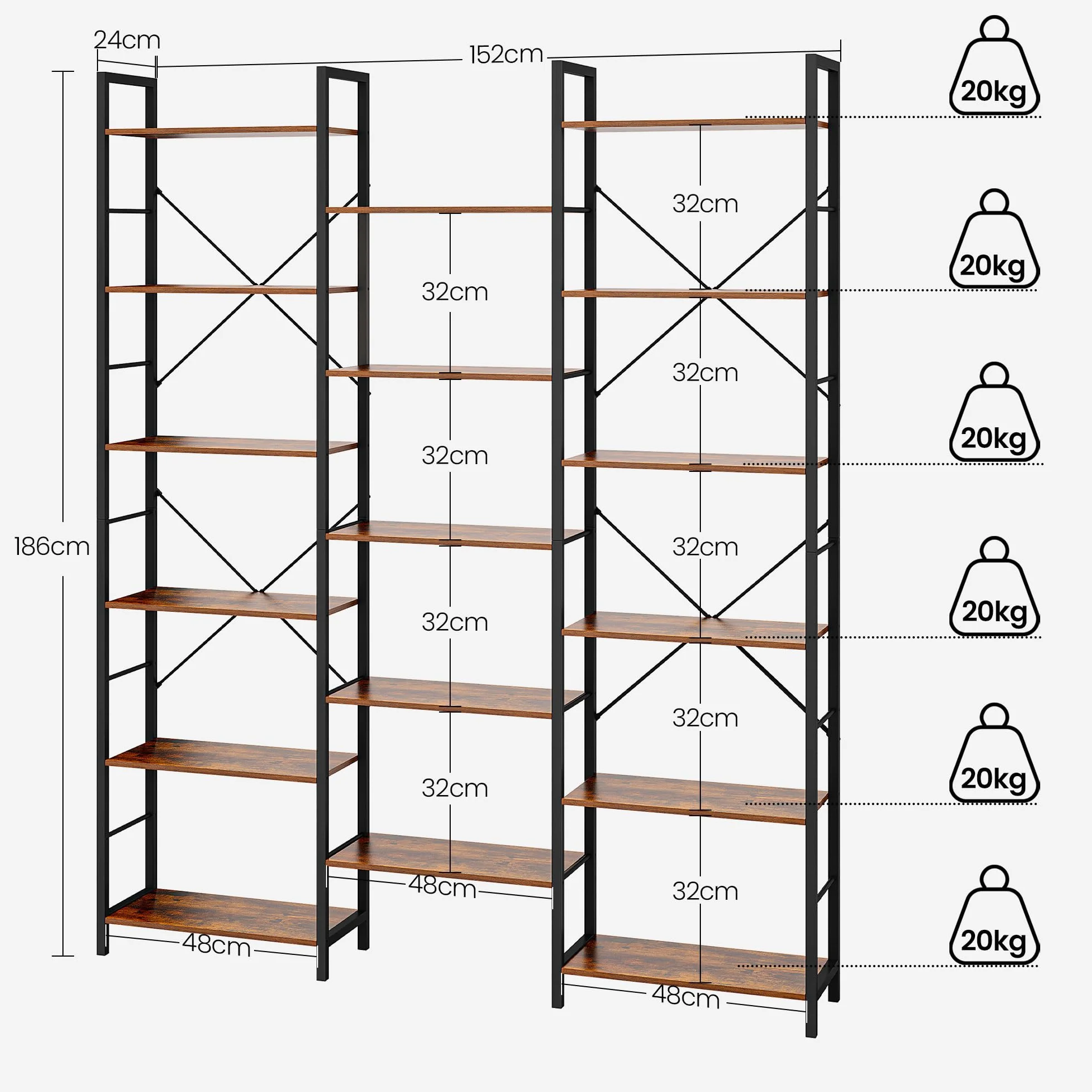 Hzuaneri 186 cm Bücherregale, Standregale, Regal mit 17 Fachböden, 6 Etagen, Verstellbarer Abstand, 24 x 152 x 186 cm, Tragfähigkeit 340 kg, Wohnzimmer, Büro, Vintage Braun-Schwarz BC10101B
