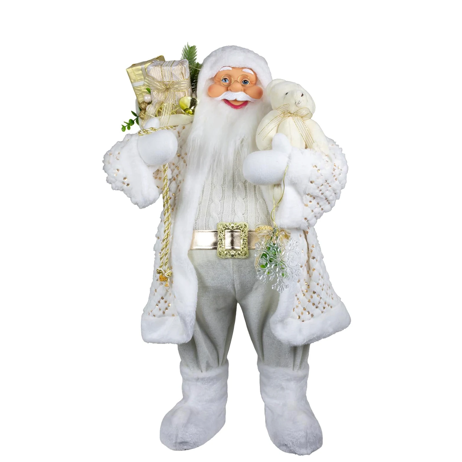 Stehender Weihnachtsmann Deko-Figur | Santa Claus | Nikolaus | Weihnachtsfiguren zum Stellen (Weiß-Gold mit Teddybär, 80 cm)