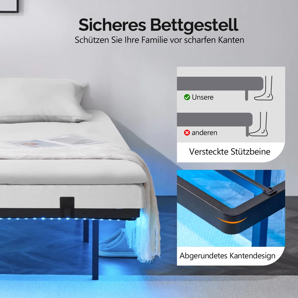Bonnlo Bettgestell mit Lattenrost, Bett mit LED Beleuchtung, Metallbett Robust mit 1 AC-Steckdose und USB-C-Anschluss, Schwebenbett mit 36 cm Höhe schwarz (ohne matratze) (90 x 200 cm)