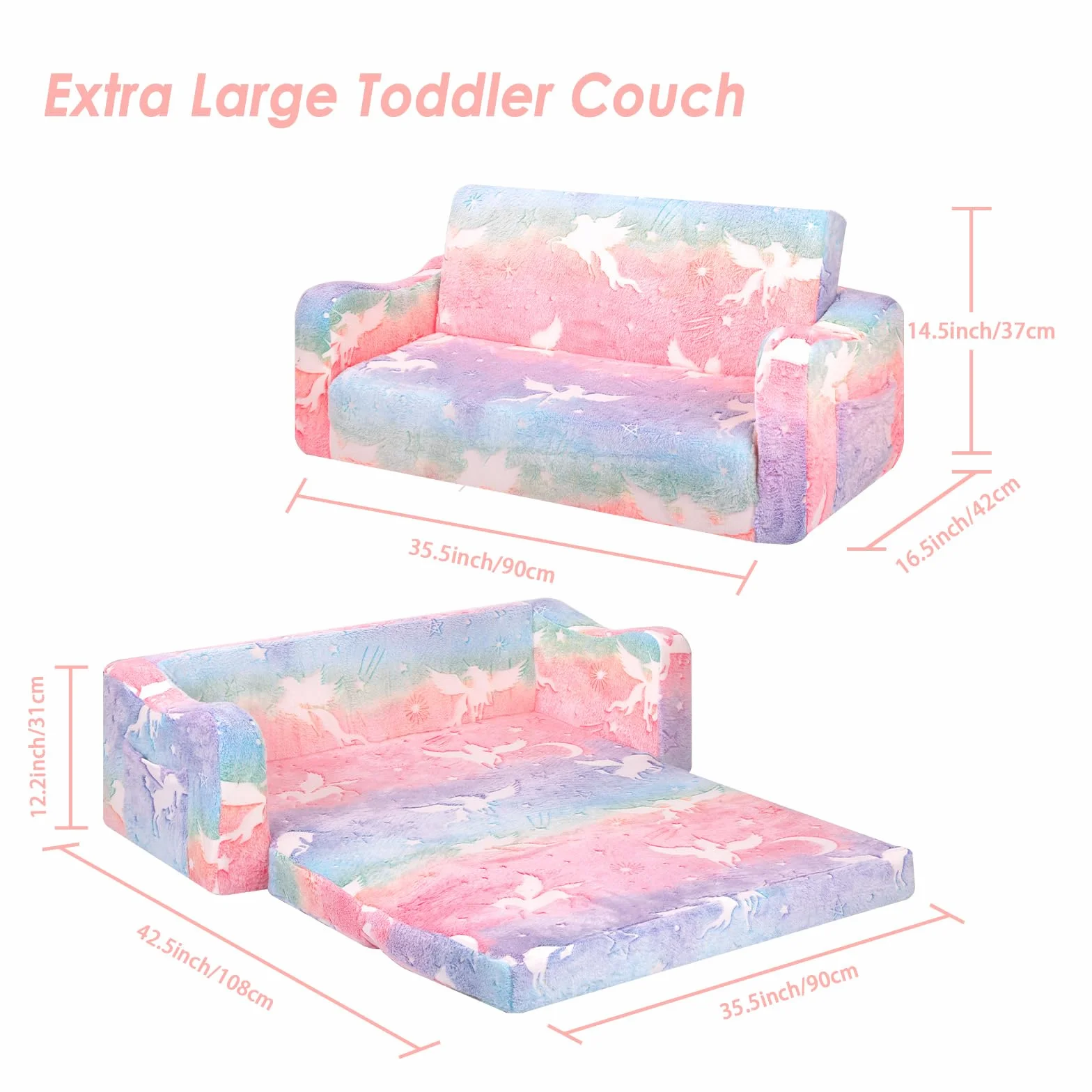 Einhorn Kindercouch ausklappbar 2-in-1, Extra Groß Kindersofa Das im Dunkeln leuchtet mit Schlaffunktion,Kindersessel für Kinder Kinderzimmer Spielzimmer