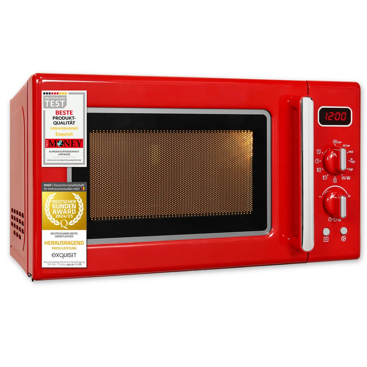 Exquisit Retro-Mikrowelle rot mit Grill, 20 L, 700 W, 5 Leistungsstufen | 25,5 cm Drehteller, 1000 W Grill, Timer bis 90 Min, Kindersicherung, Digitaldisplay – entwickelt nach deutschen Richtlinien