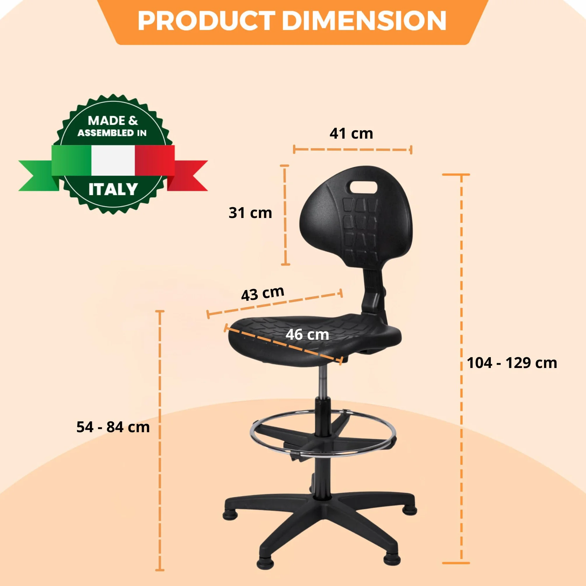 Topsit IND000112 Arbeitsstuhl aus Polyurethan, ergonomischer Arbeitsstuhl, Laborstuhl, höhenverstellbar und leicht zu reinigen, Stabiler Sockel mit Metallfußring und Füßen.