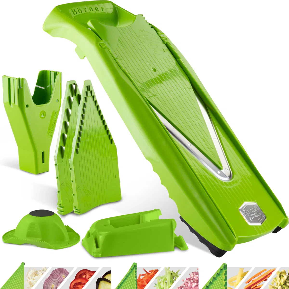 Börner Gemüsehobel V5 (Profi Set) • Verstellbarer V-Hobel 7-teilig mit 10 Schnittarten • Gemüseschneider mit Edelstahl V-Klinge • Küchenhobel inkl. Dockingstation • Farbe: Grün